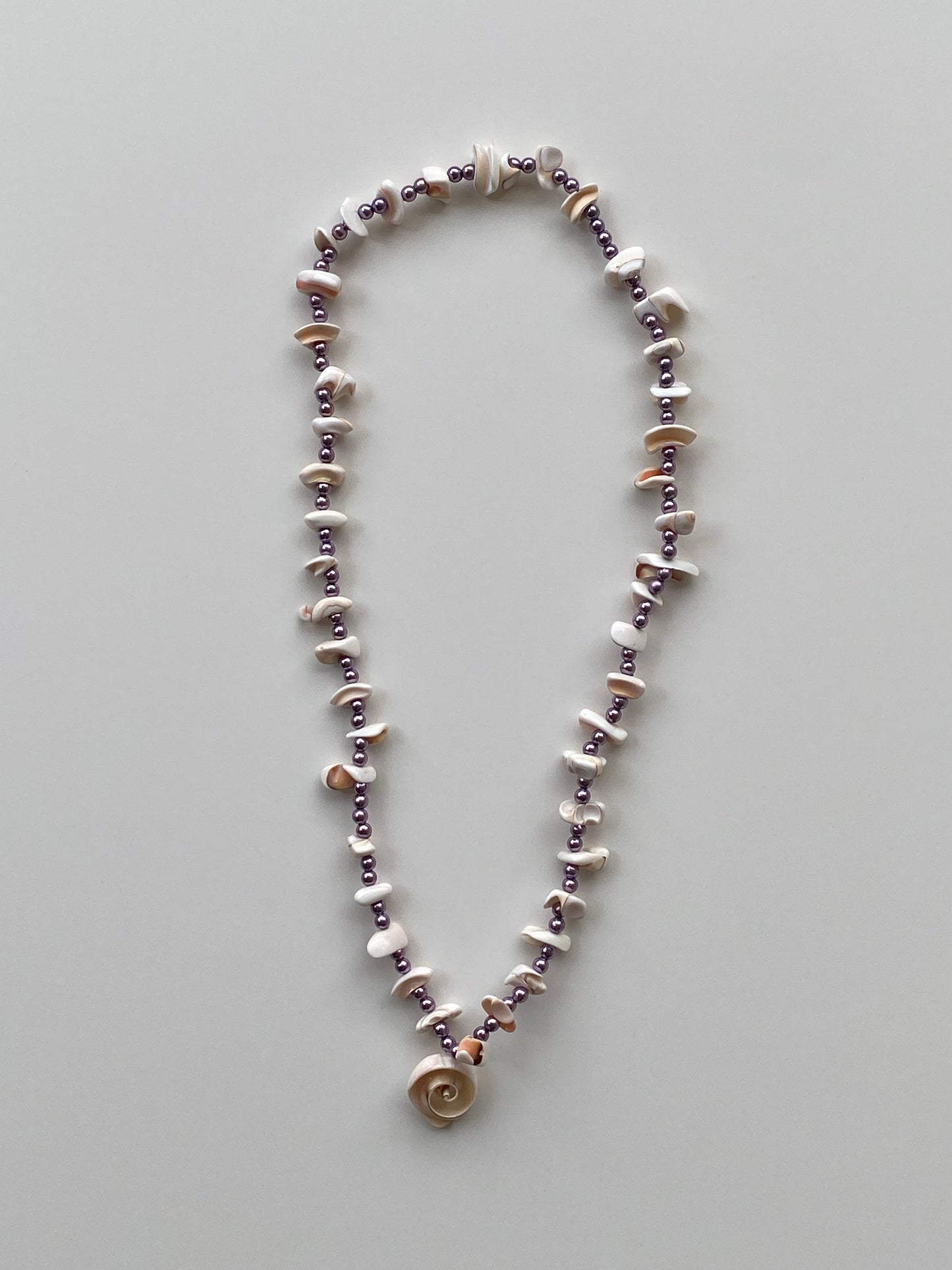 Vintage Natural Shell Chip & Lilac Pearl Bead Necklace with Spiral Shell Pendant