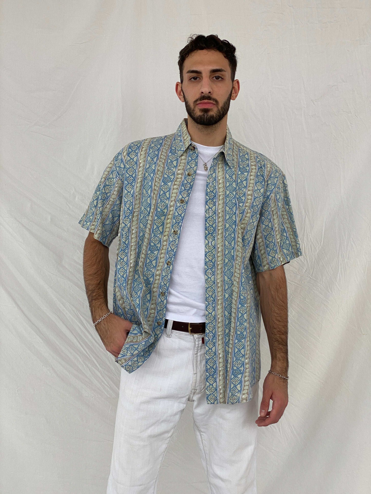 Vintage 90s L.L.Bean Printed Half-Sleeve Blue Shirt - L - Balagan Vintage Half Sleeve Shirt 00s, 90s, Awsam, geometric print, half sleeve shirt, NEW IN, printed shirt