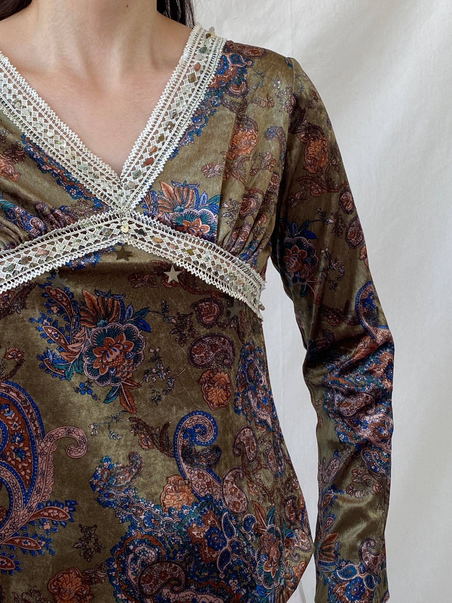 Vintage KLIMAN Collection Green Velvet Paisley Print Beaded Boho Long Sleeve Women’s Top - L