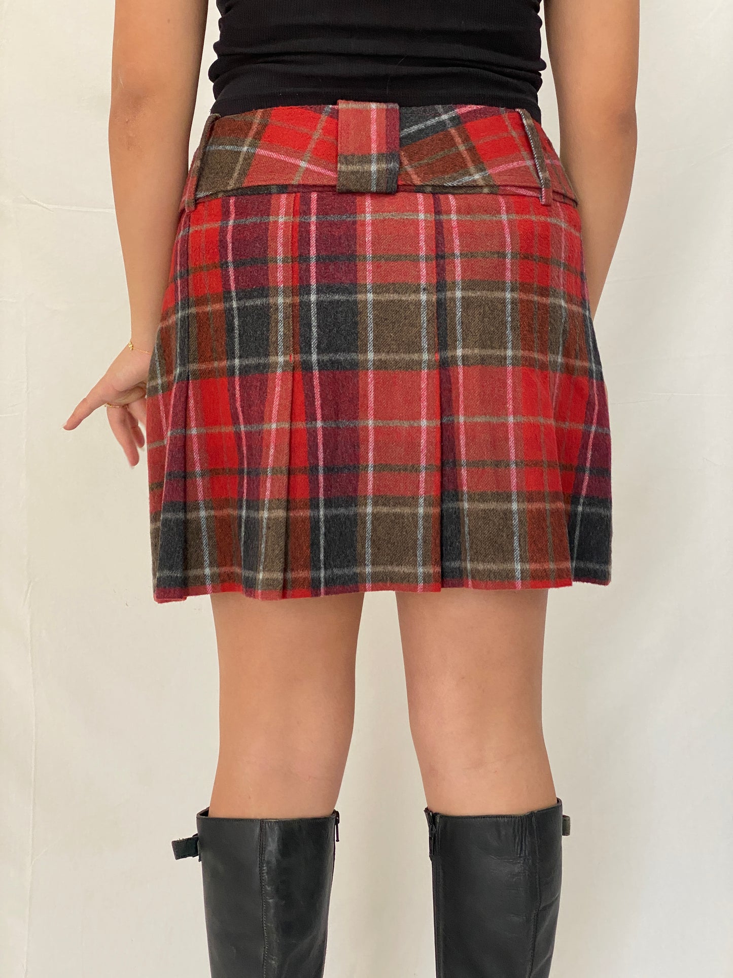 Vintage Red Plaid Pleated Mini Skirt with Belt Y2K School Girl Aesthetic Preppy Skirt - L