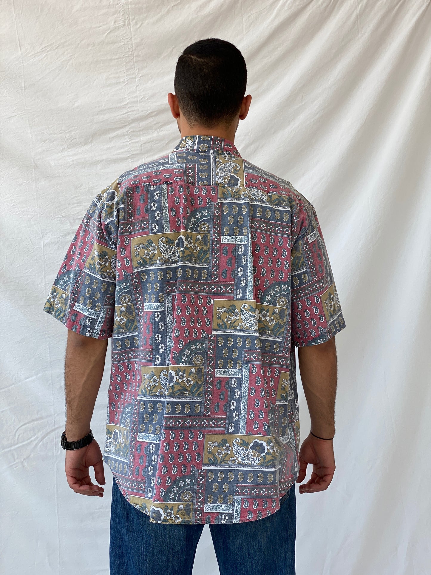 قميص رجالي من Woolrich بطبعة زهور وأزرار من Vintage 90e Streetwear - مقاس XL