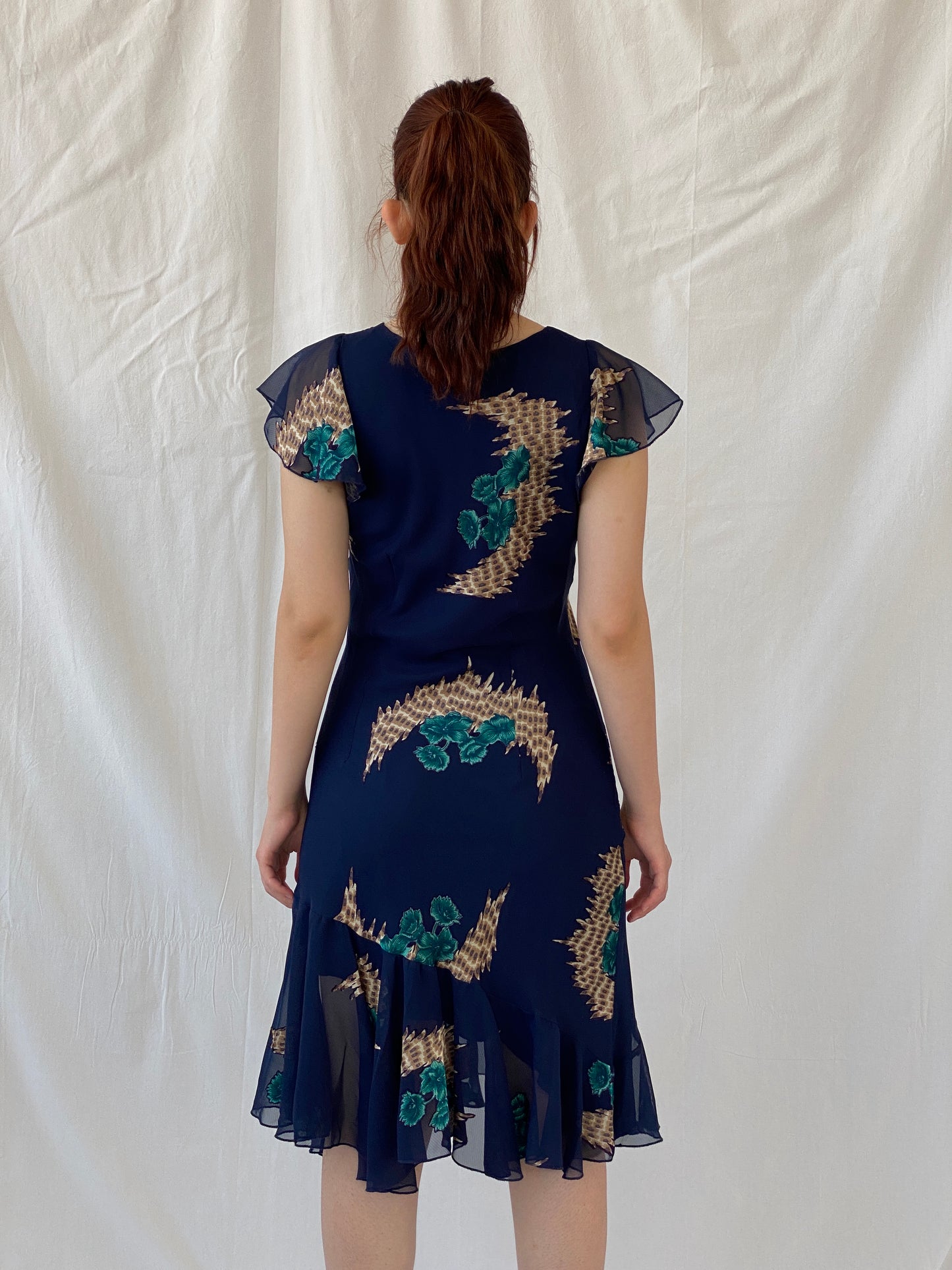 Vintage 90s Eva Blue Dark Blue Midi Asymmetrical Hem Dress - M