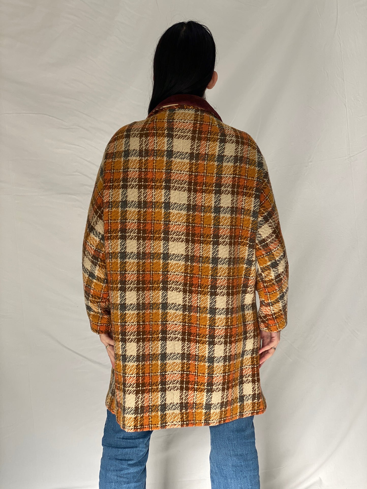 Vintage Brown & Rust Plaid Oversized Double-Breasted Wool Blend Coat with Velvet Collar - XL