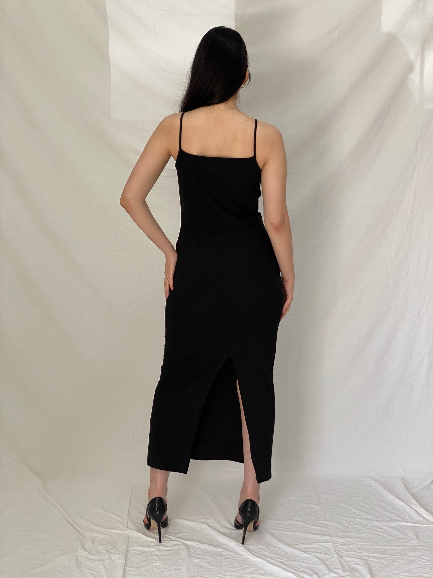 Vintage Y2K Black Minimal Maxi Slip Dress with Fringe Detail - S