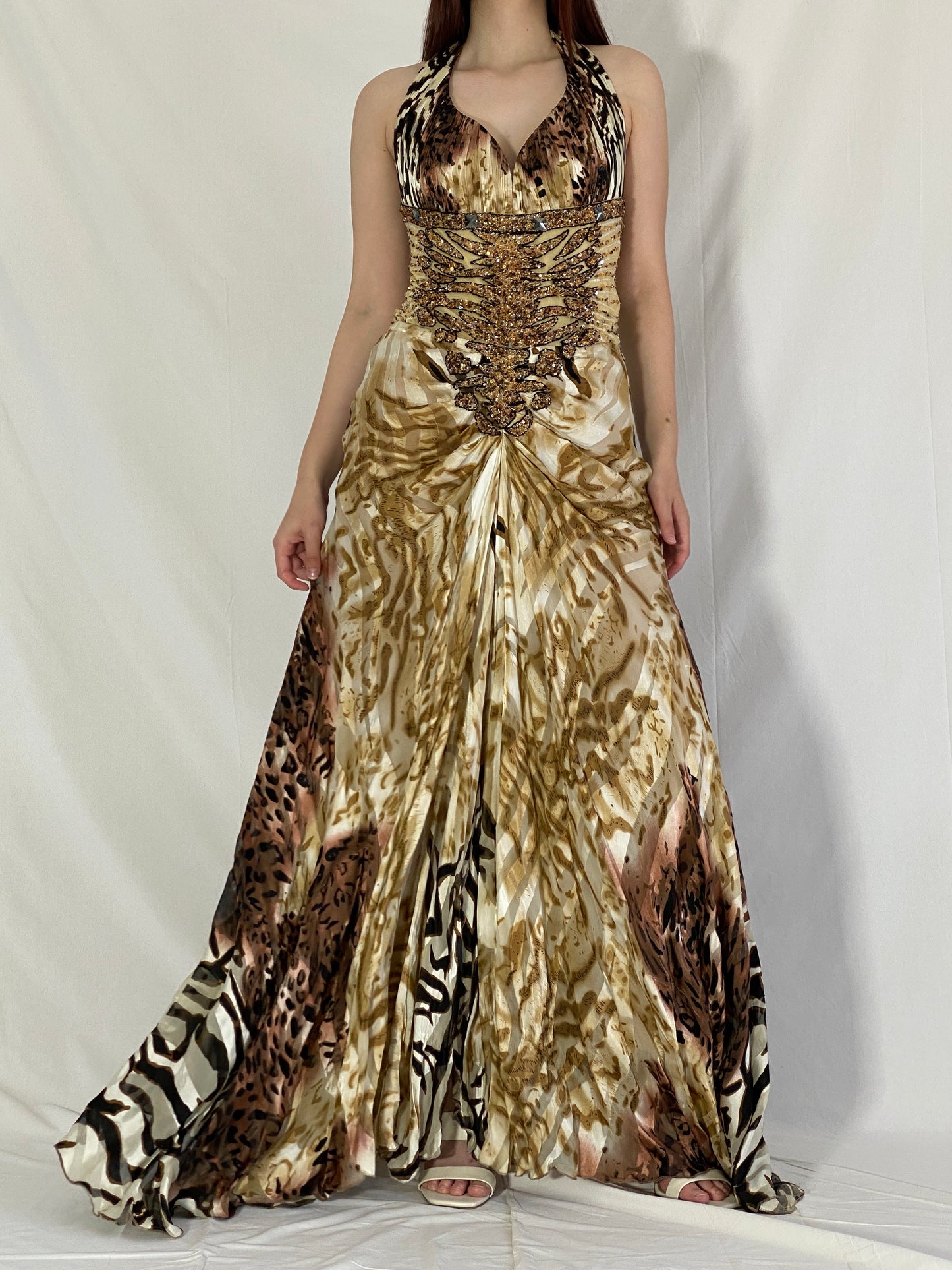 Statement Y2K Alrajaa Couture Beaded Animal Print Halter Evening Gown Roberto Cavalli Style - S