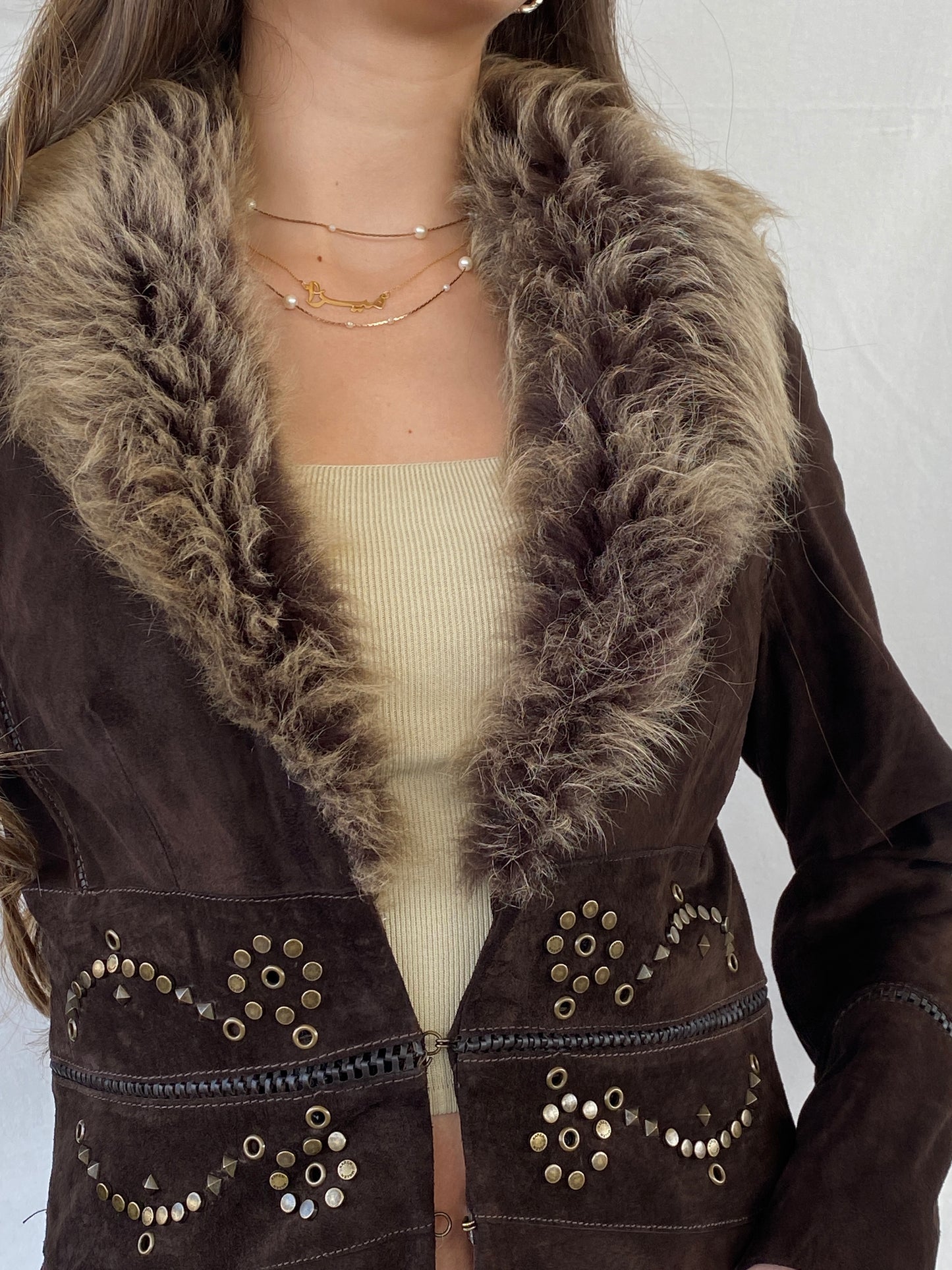 Karen Millen Afghan Style Brown Suede Fur-Collar Coat - S