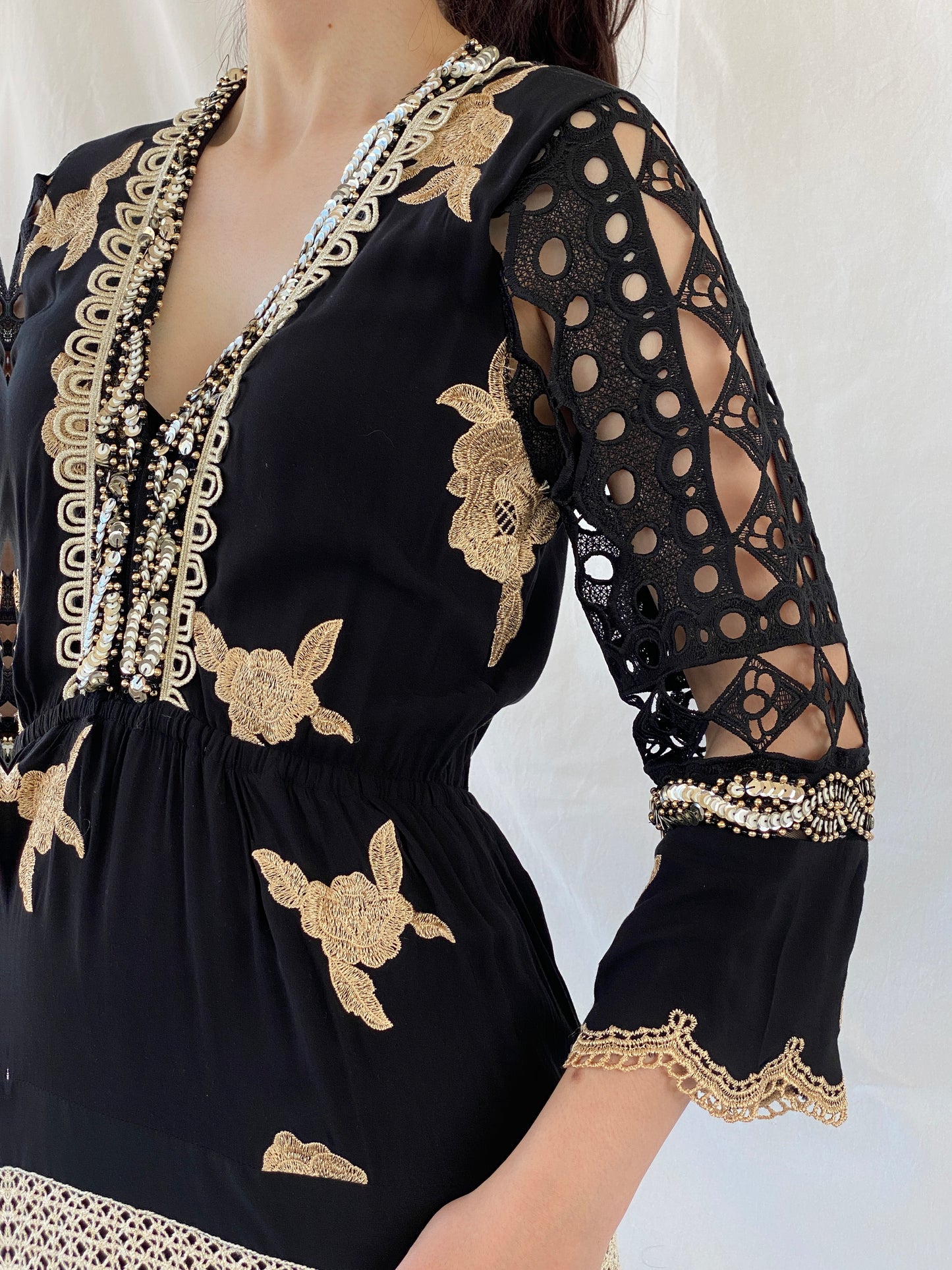 Statement Laurie & Joe Black Boho Core Embellished Indie Short Dress - M