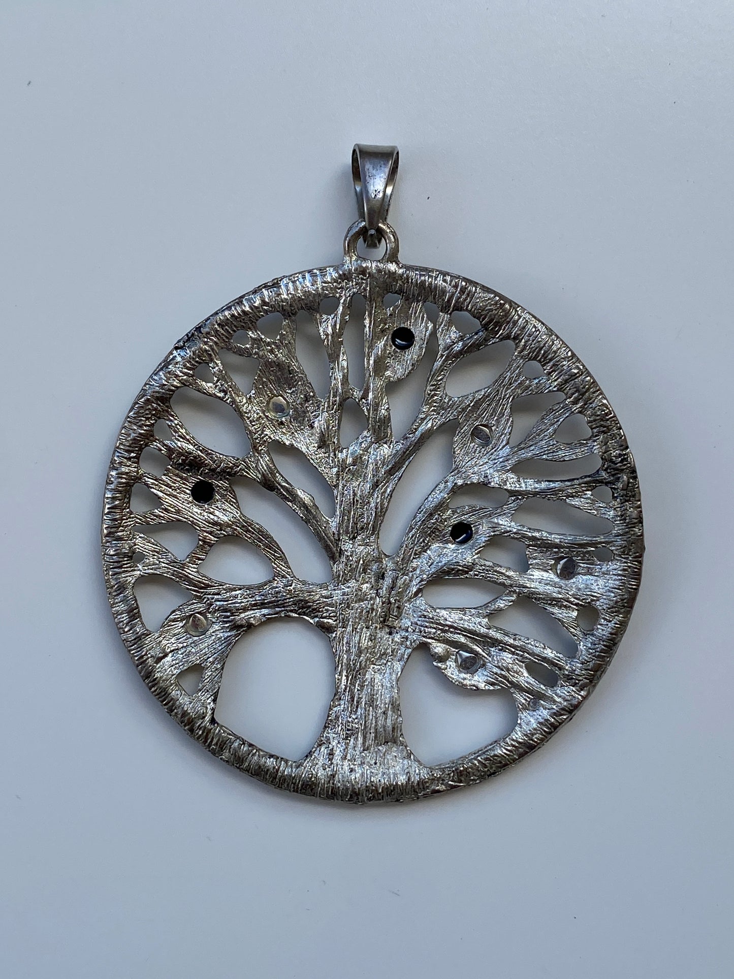 Vintage Silver Tone Tree of Life Pendant with Black & White Stones – Statement Necklace Charm