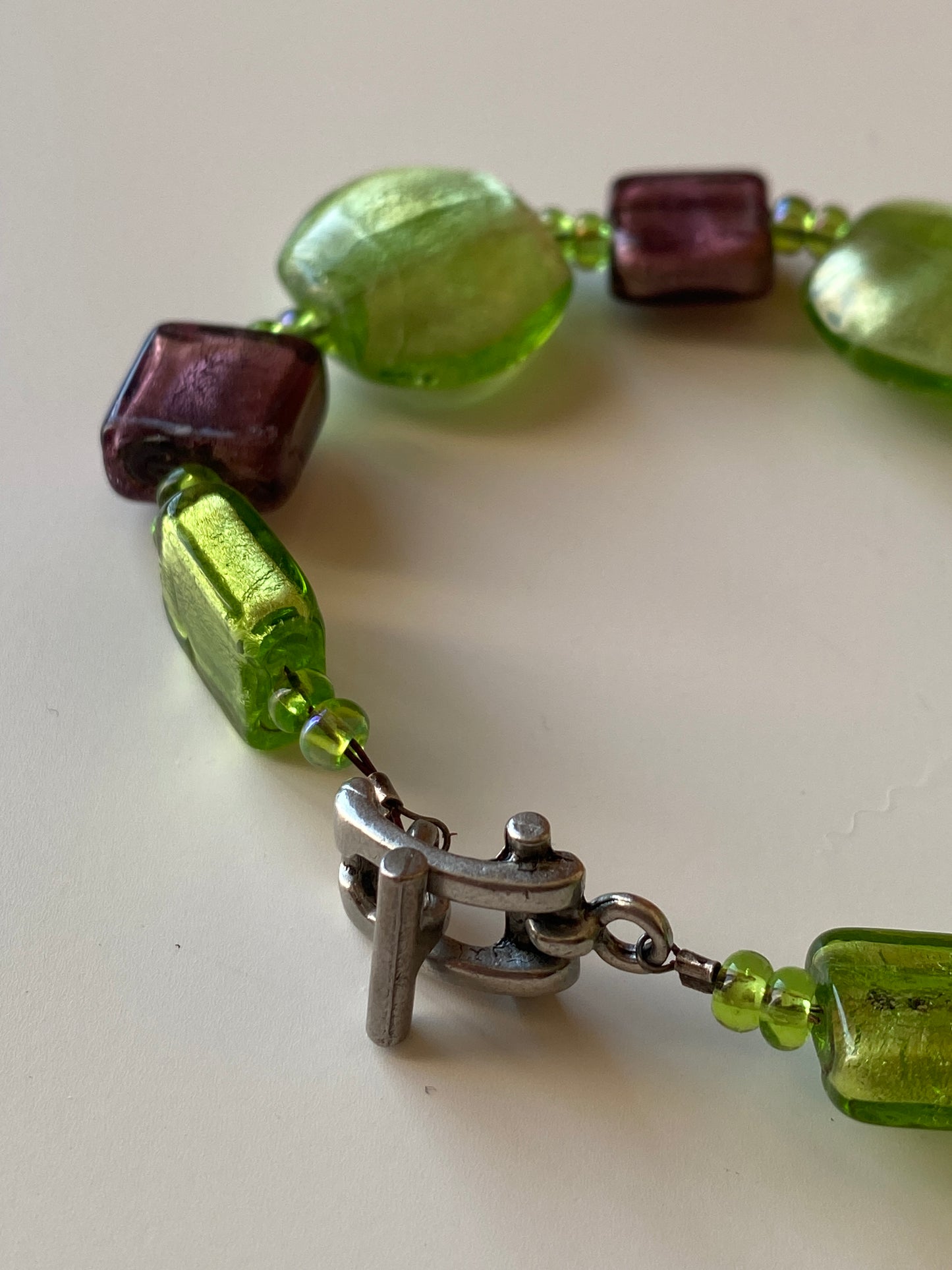 Vintage Lampwork Glass Bead Bracelet Green & Plum Artisan Beads with Toggle Clasp