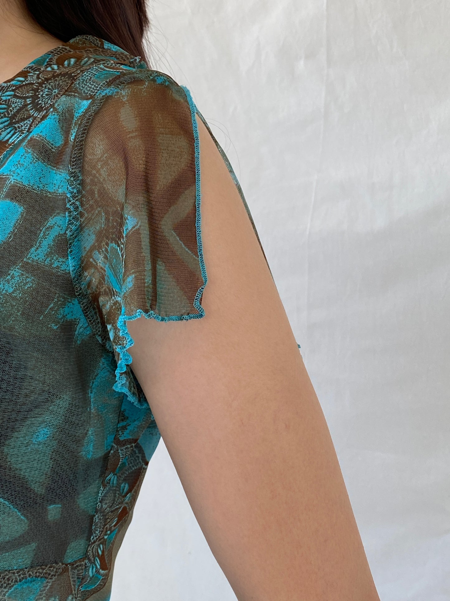 Vintage 90s Liberty Island Graphic Blue Brown Floral Ruffle Neckline Mesh Top - L