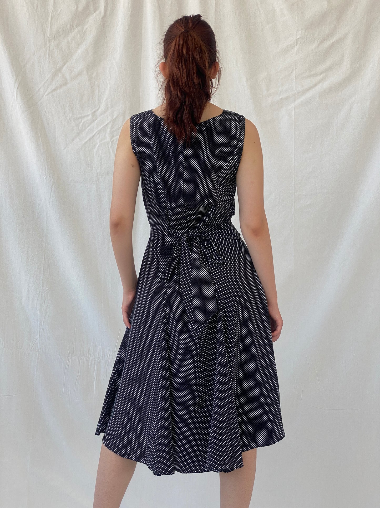 Vintage Handmade Black and White Polka Dots Sleeveless Midi Dress - S