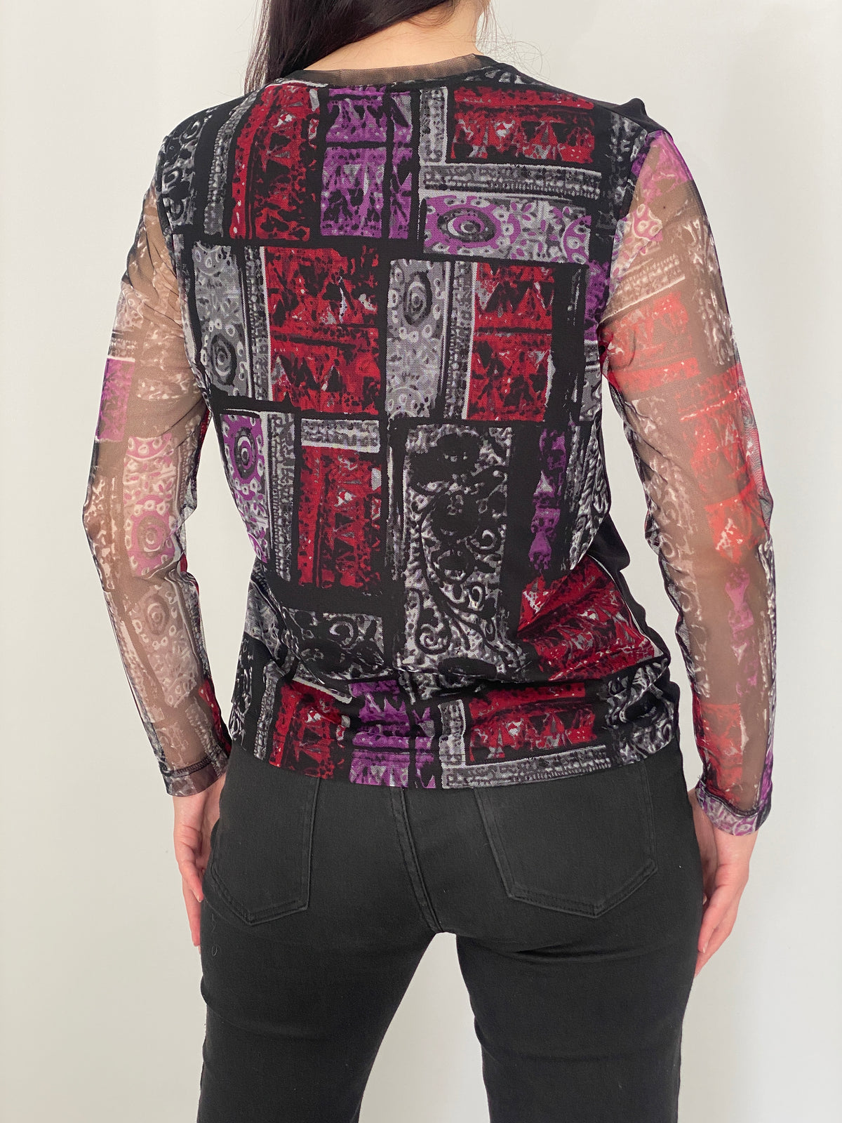 Vintage EQUUS Black Abstract Print Mesh Sleeve Grunge Top – L