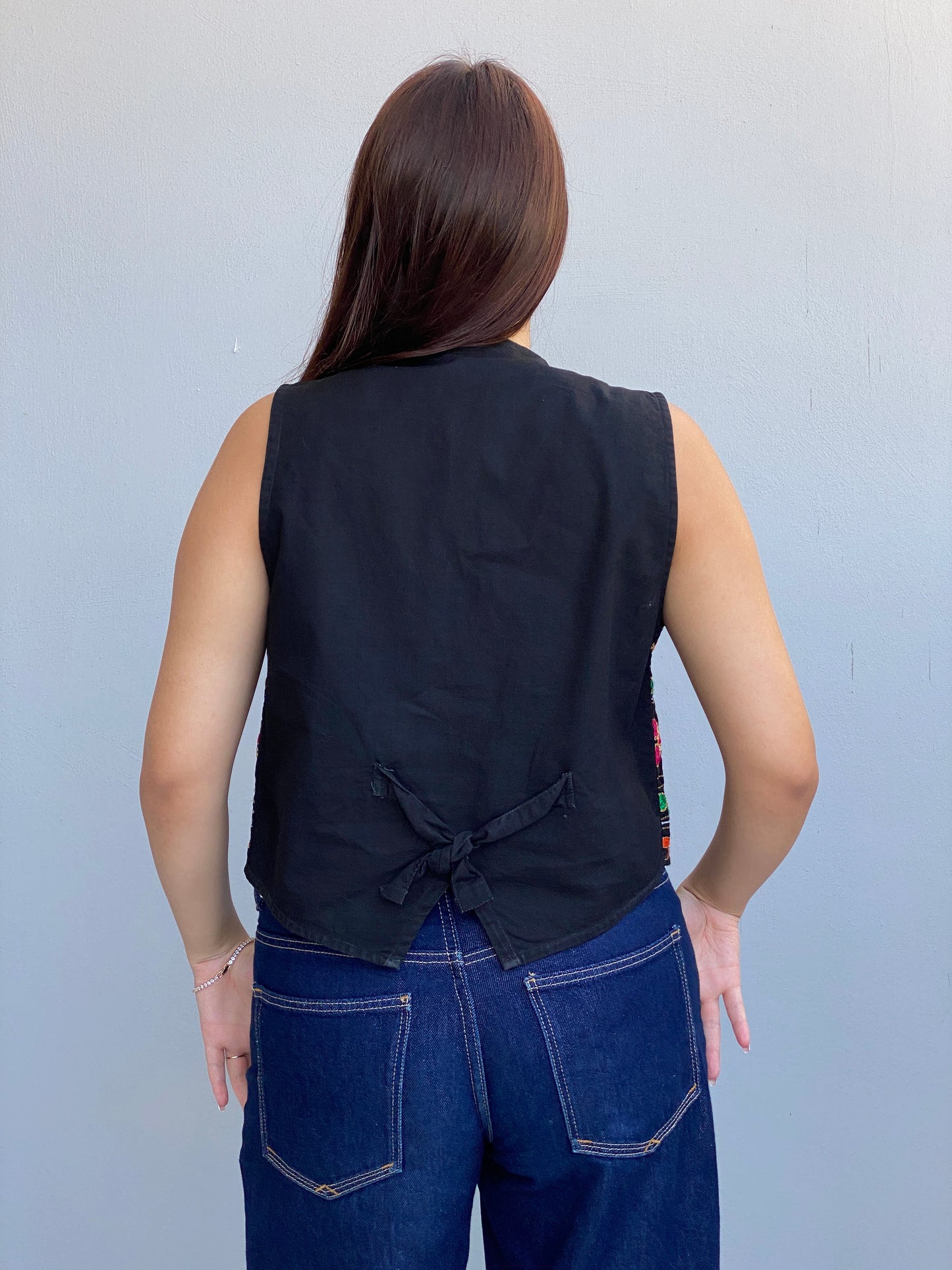 Vintage 90s Strike A Pose Black Embroidered Cotton Boho Festival Vest - S