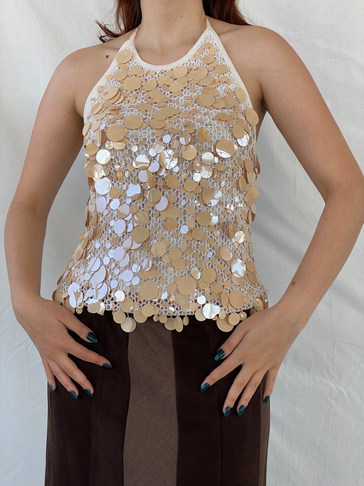 Y2K Sequin Disc Crochet Pearl Women’s Party Halter Top - M