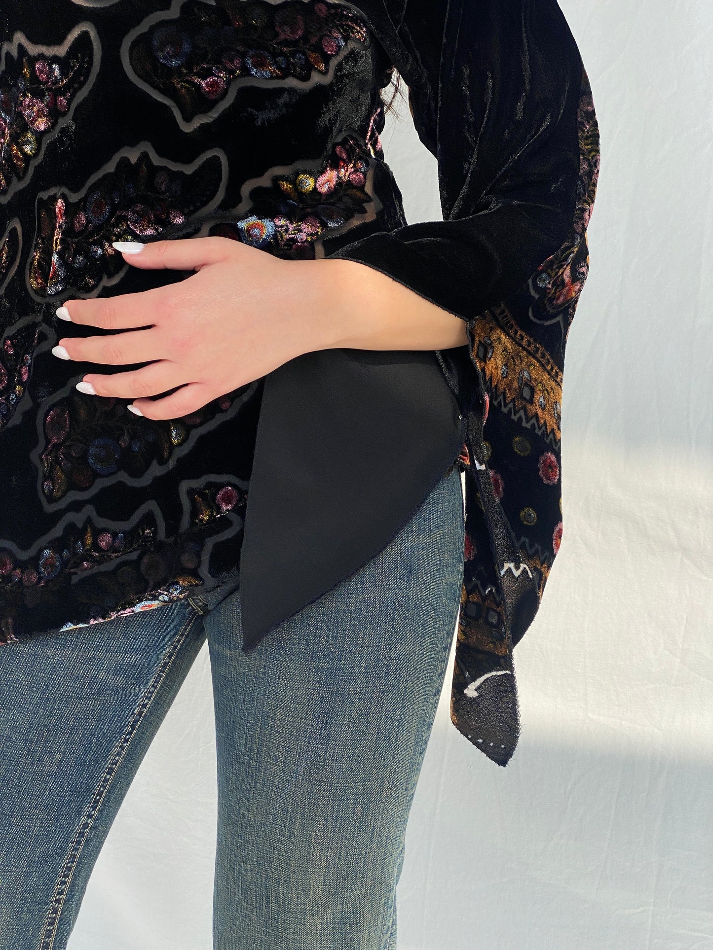 Y2K Velvet Sheer Black Bell Sleeve Top - M