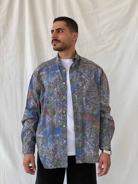 قميص رجالي بأكمام طويلة مطبوع عليه هندسية من Vintage Ki////092 Clothing Company - مقاس XL