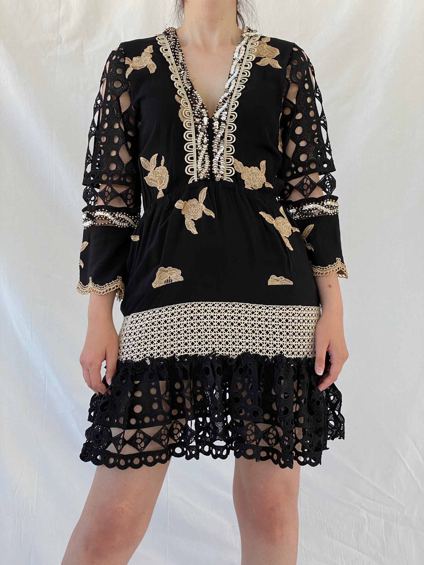 Statement Laurie & Joe Black Boho Core Embellished Indie Short Dress - M