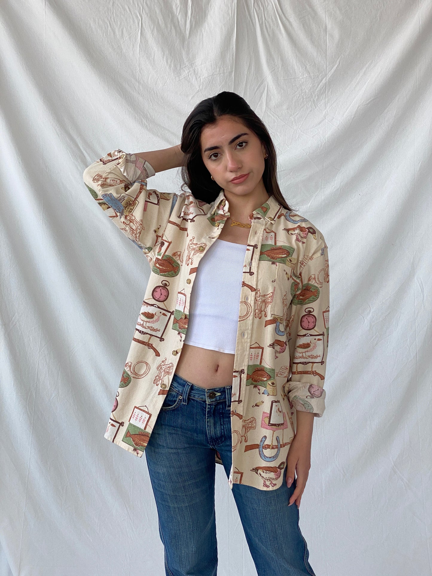 Vintage Cambridge Country Side Graphic Prints Beige Long Sleeve Button Up Cotton Shirt - M