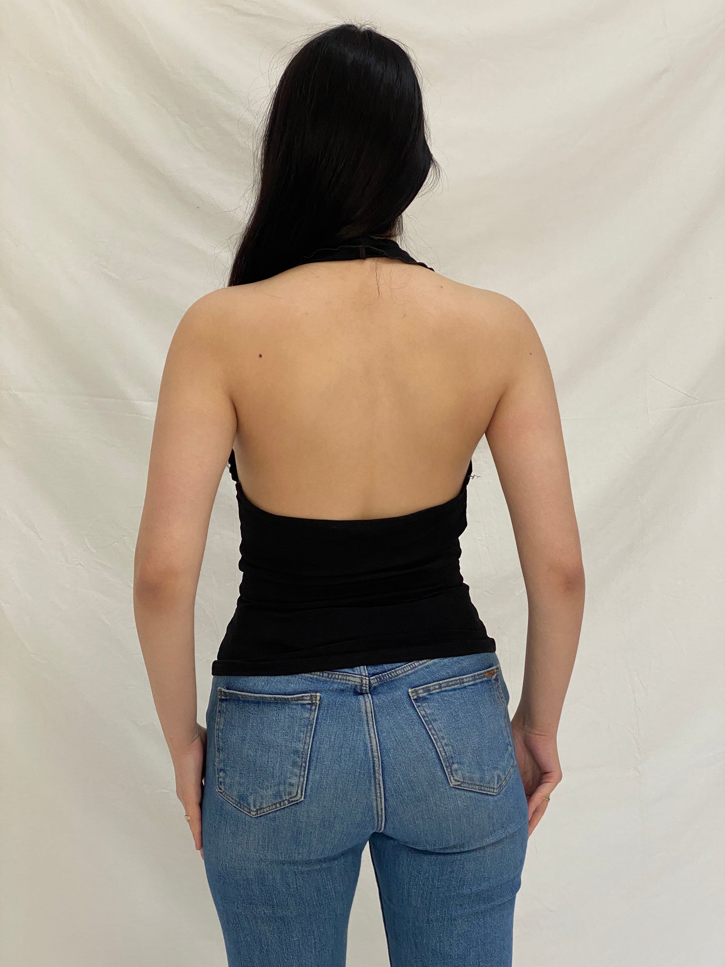 Vintage Y2K Black Halter Top Xanaka Ring Detail Draped Neckline - M
