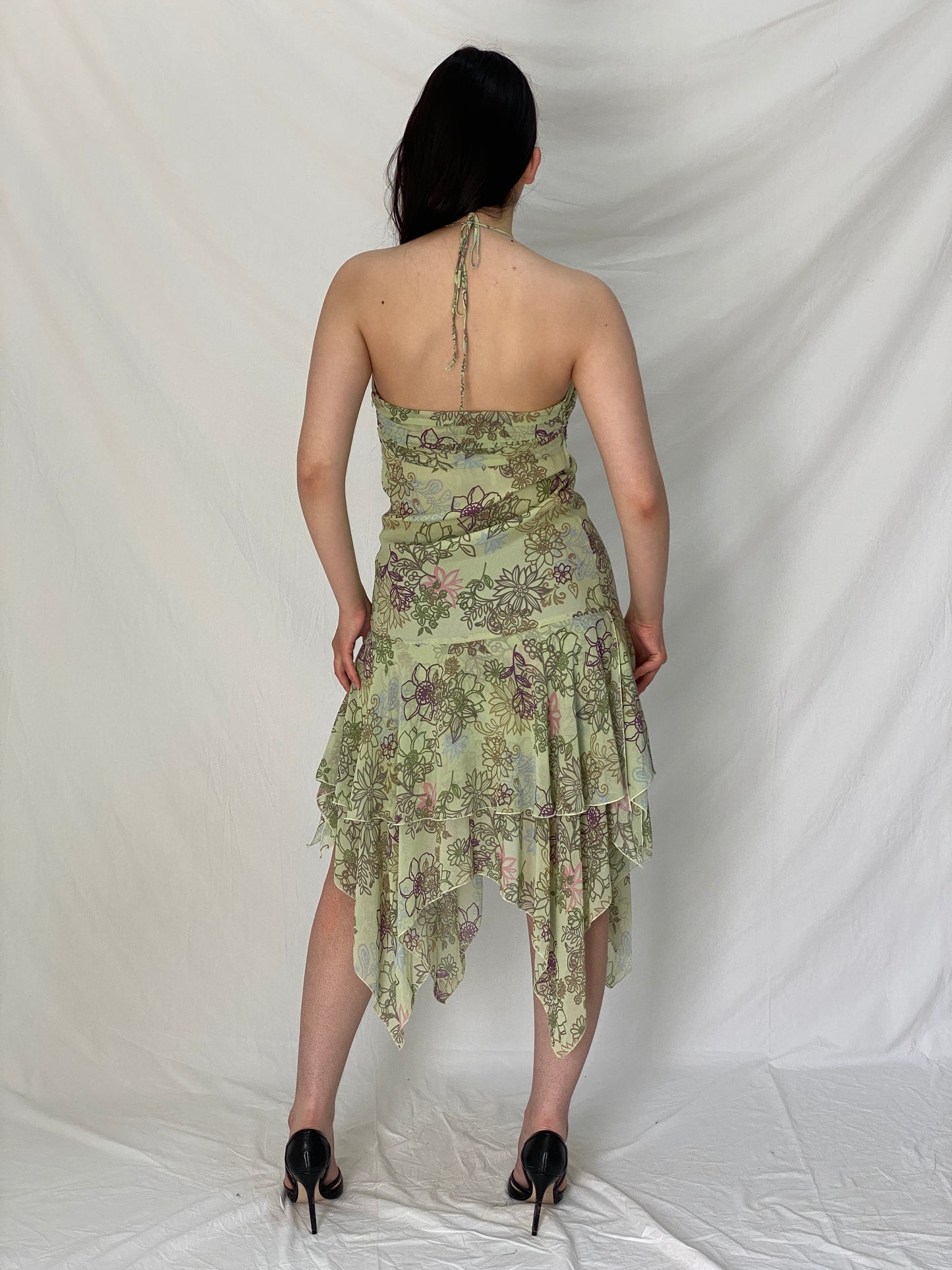 Y2K Portmans Pastel Green Floral Handkerchief Hem Halter Dress - M