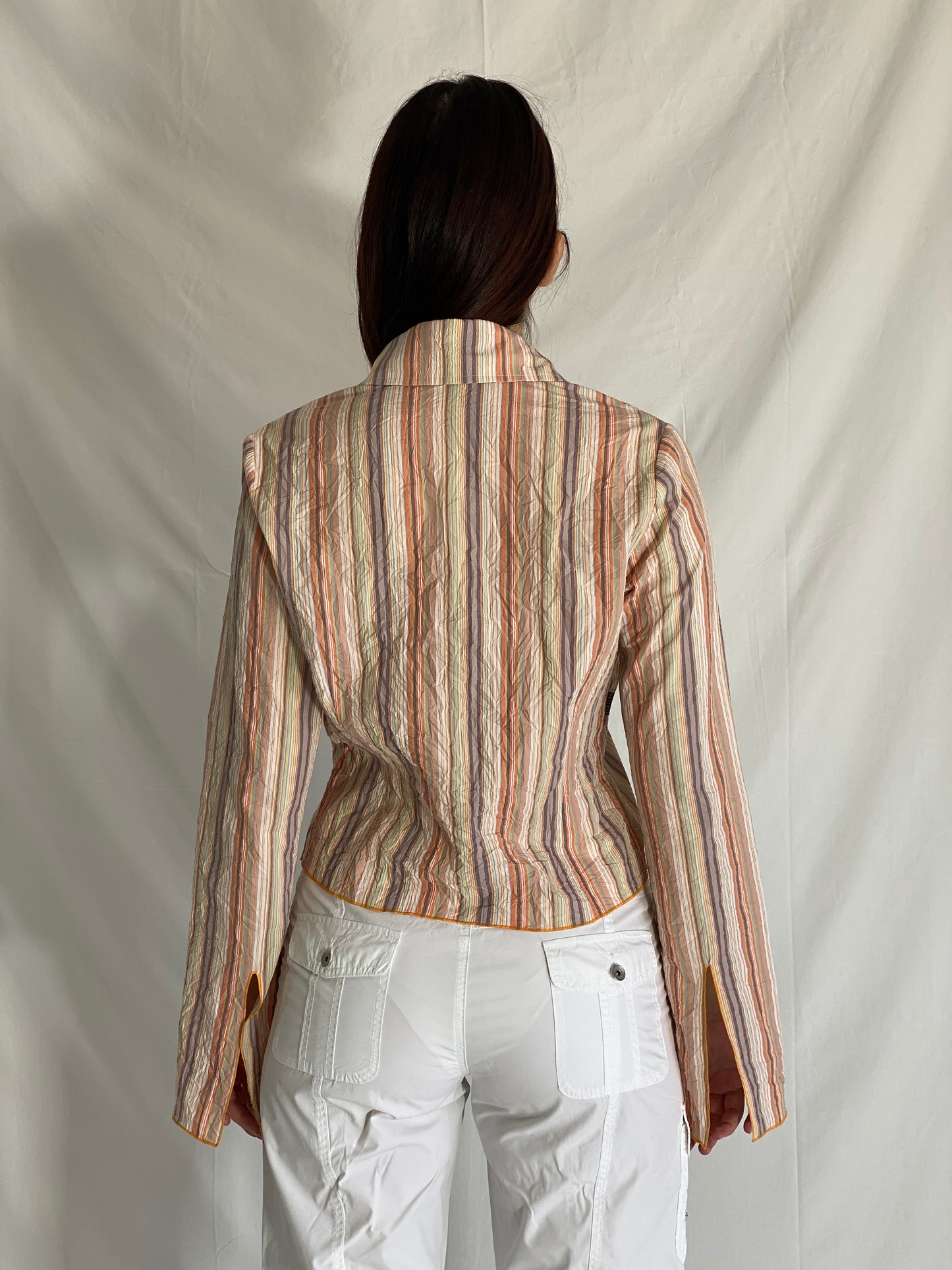 Vintage Y2K Watcher Striped Button Up Shirt Multicolor Long Sleeve - L