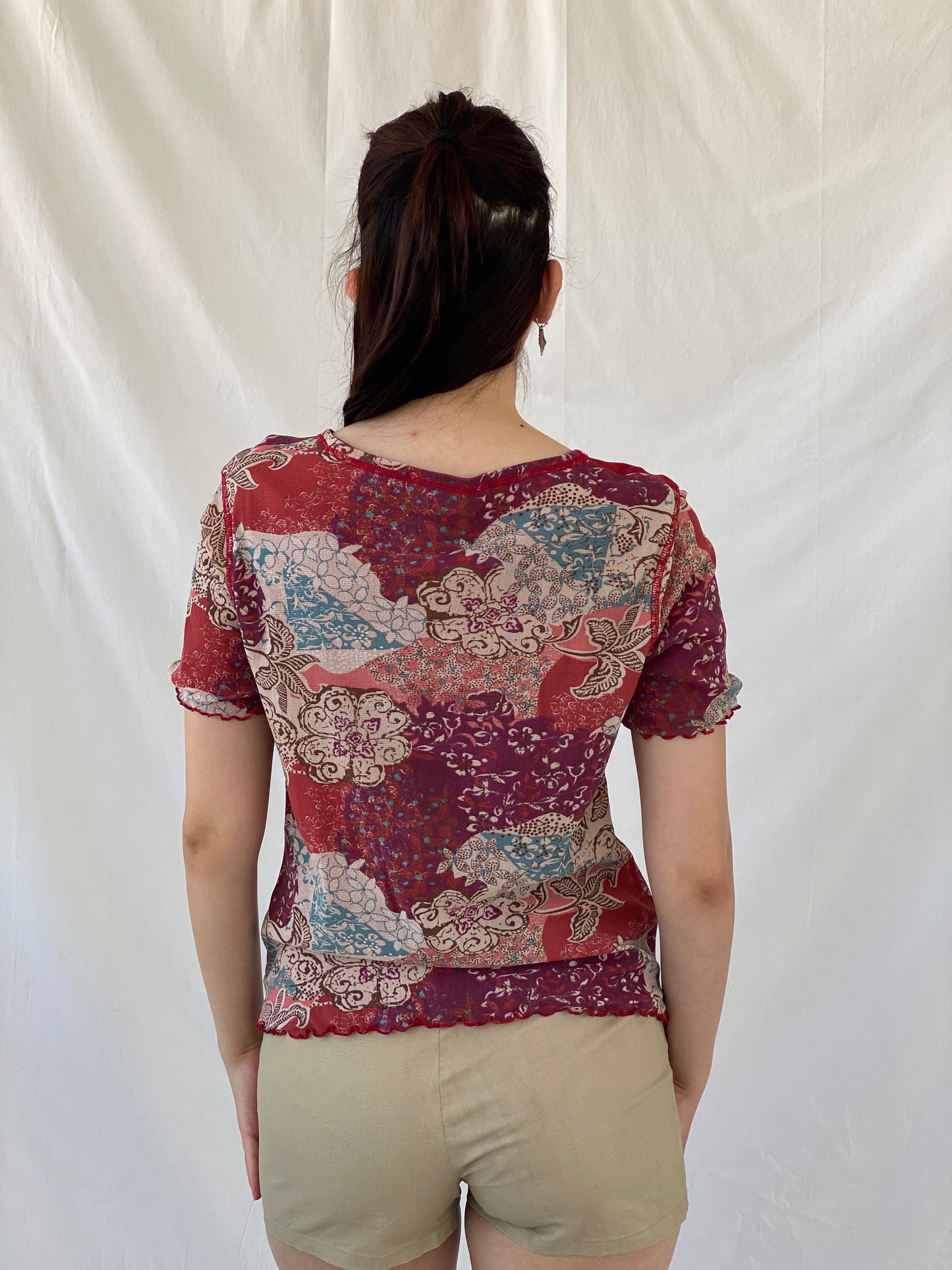 Y2K Daxon Red Patchwork Style Floral Short Sleeve Mesh Top - L
