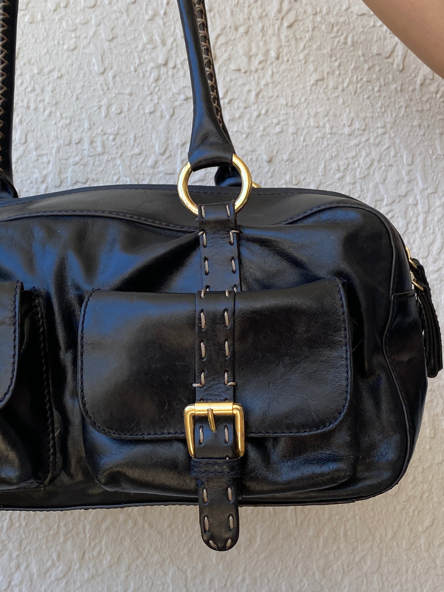 Vintage Hype Genuine Leather Satchel Shoulder Bag Black with Buckle & Stitching Detail Purse