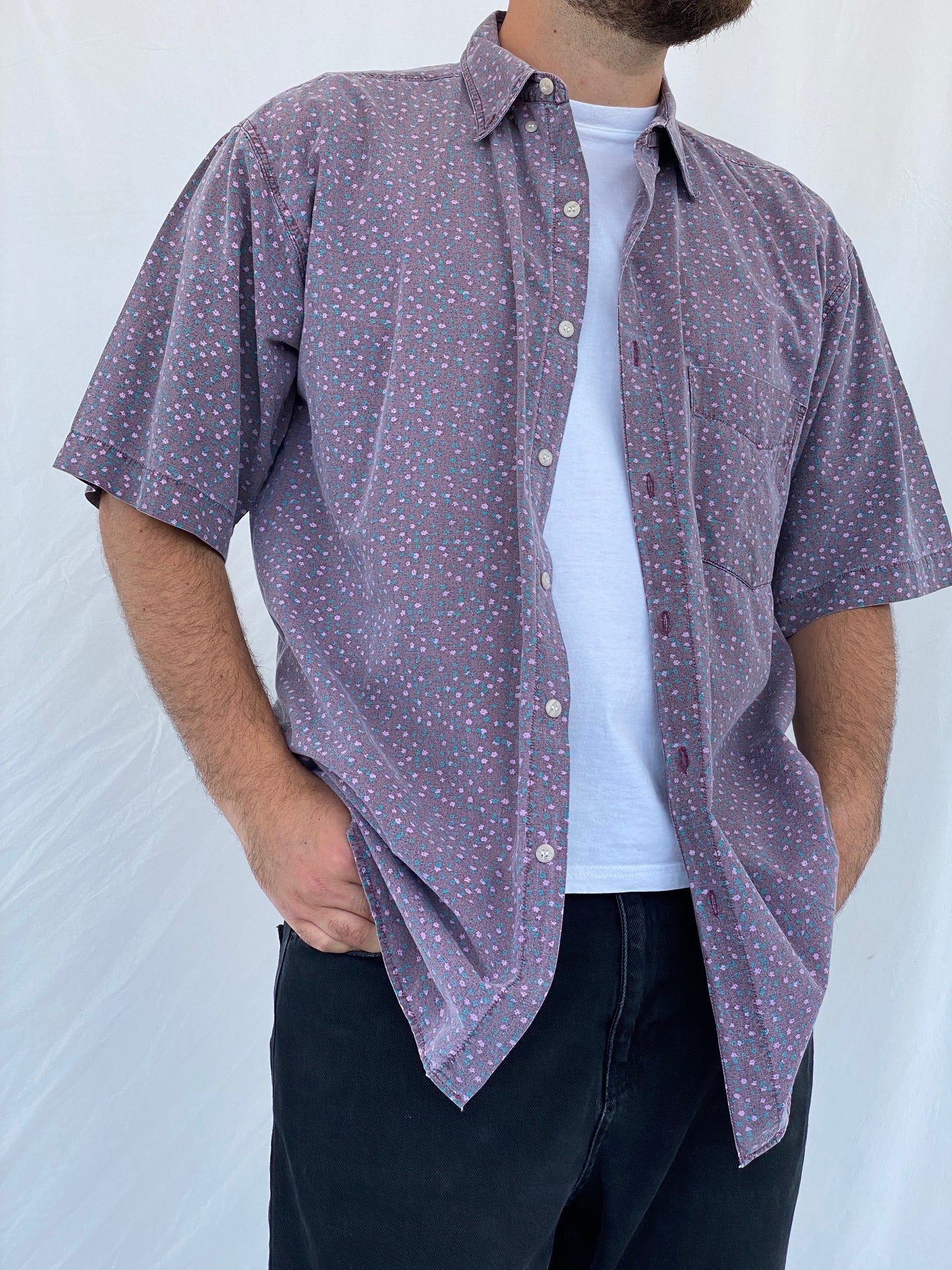 Vintage Shah Safari Floral Short Sleeve Purple Cotton Shirt - L