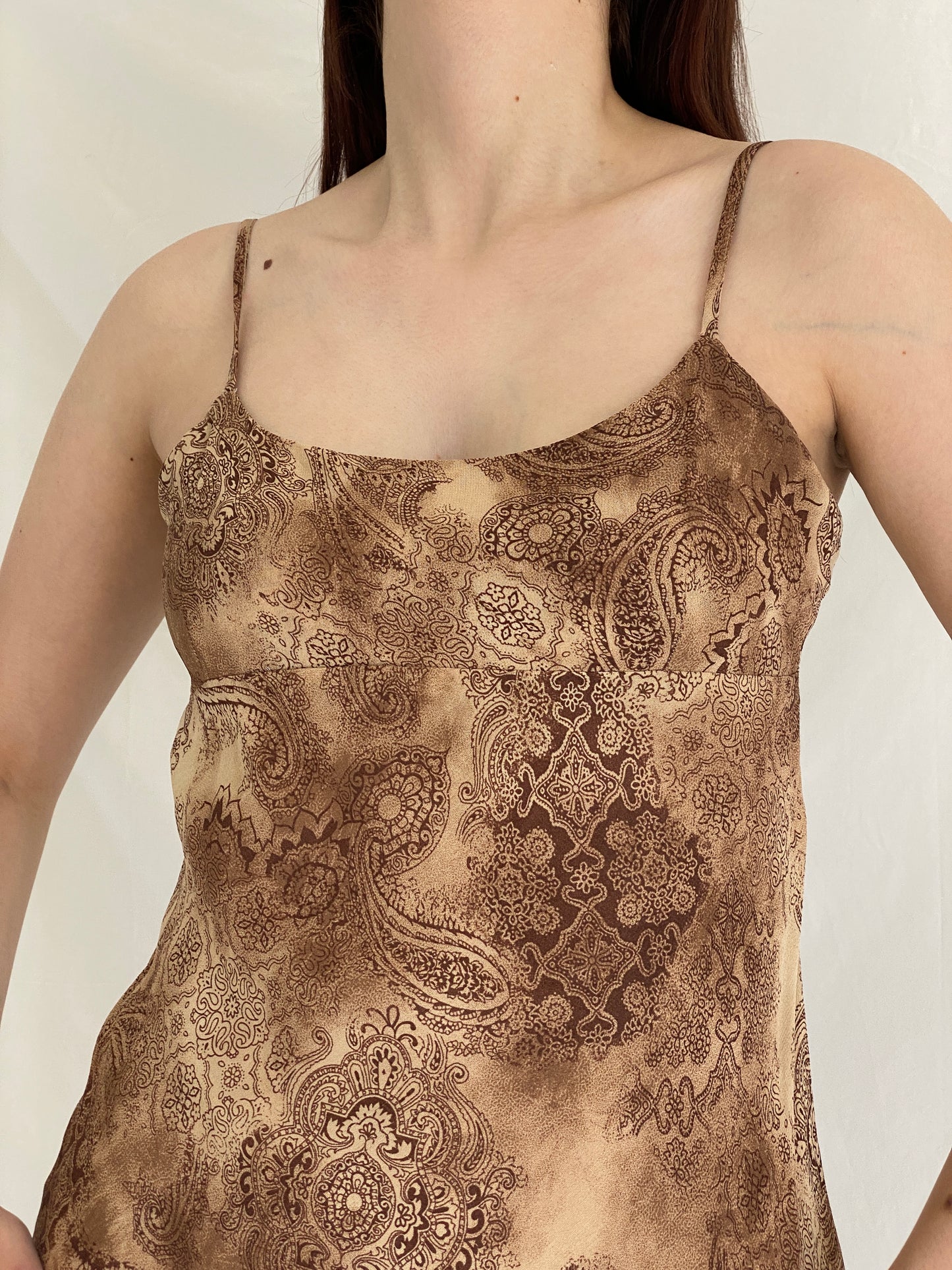 Y2K Pimkie Brown Paisley Satin Slip Vintage 2000s Midi Cami Dress - M