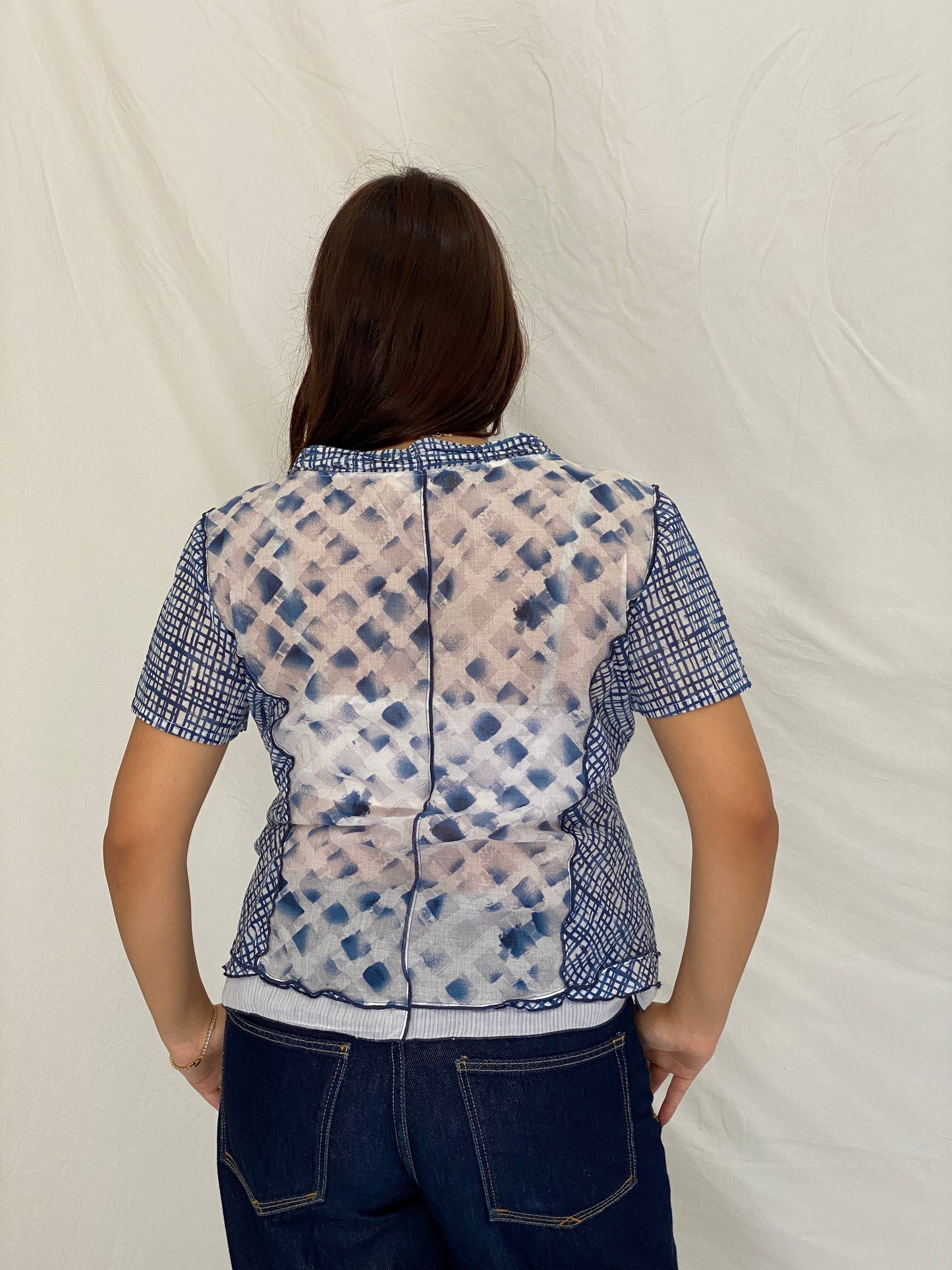 Vintage Y2K BiBA Blue Patchwork Mesh Button-Up Blouse - M