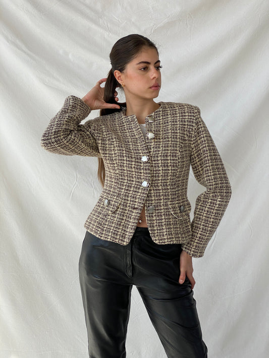 سترة تويد من الصوف الكريمي والبني من Vintage Finest - مقاس M