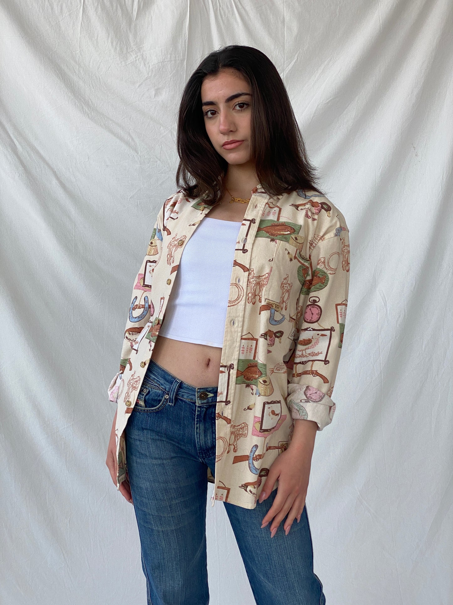 Vintage Cambridge Country Side Graphic Prints Beige Long Sleeve Button Up Cotton Shirt - M