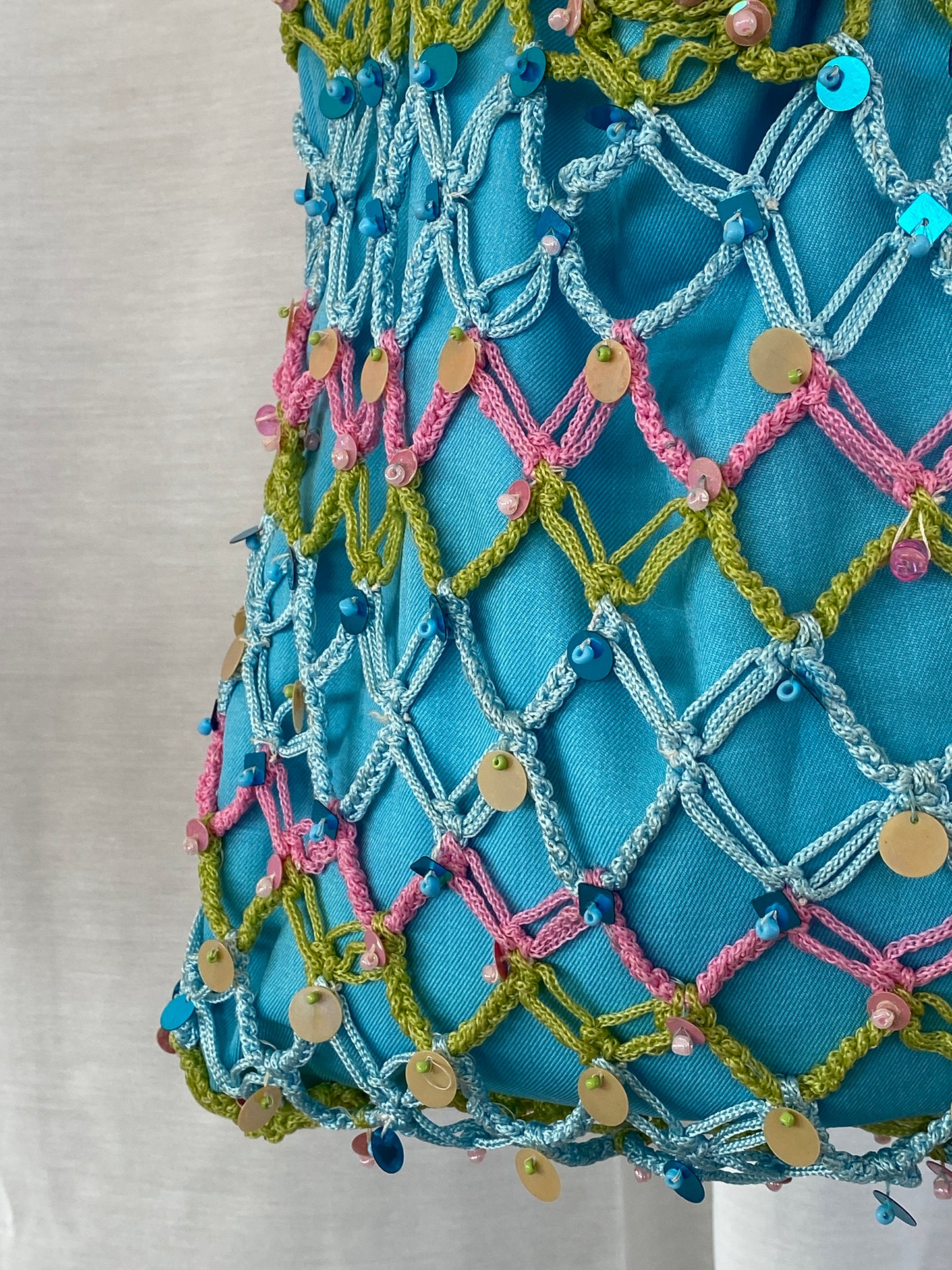 Sequin Blue Handmade Fishnet Crochet Bucket Summery Tote Bag