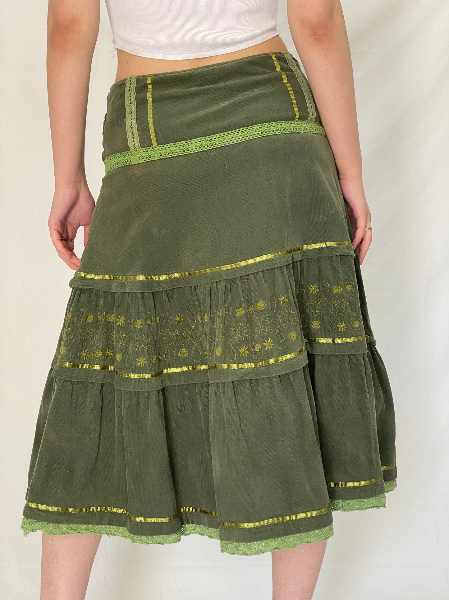 Vintage Y2K Jaune Rouge Paris Olive Green Corduroy Tiered Embroidered Midi Skirt - L
