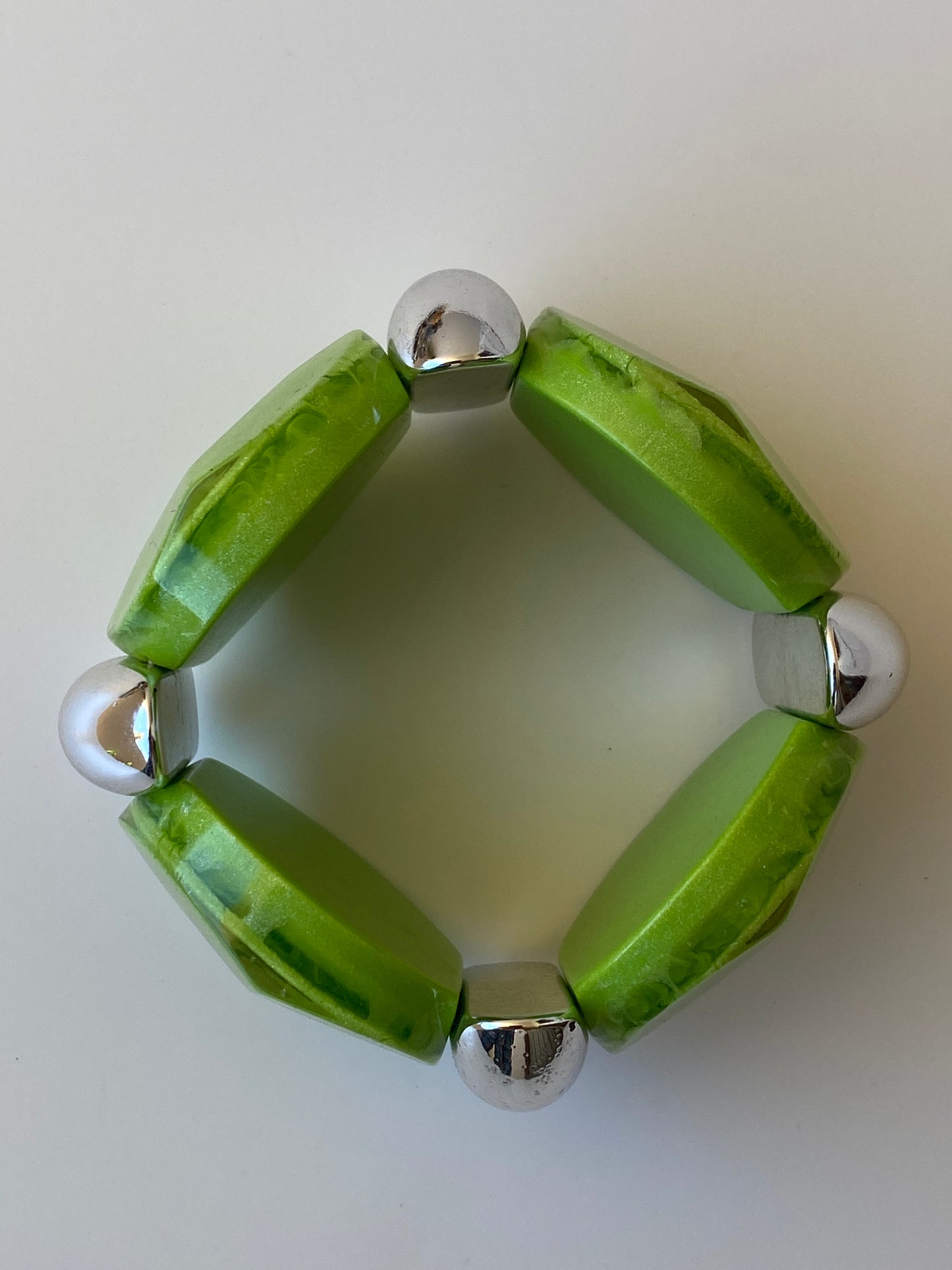 Y2K Green Resin & Silver-Tone Stretch Bracelet Statement Bangle