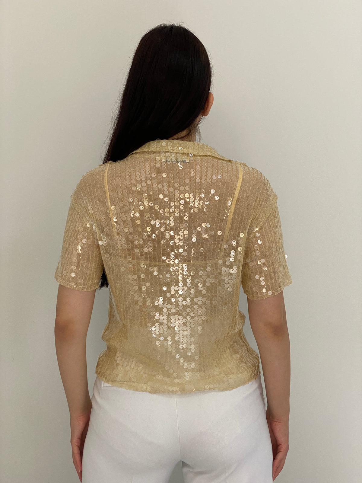 Y2K Zara Champagne Gold Sheer Mesh Sequin Collared Top - S