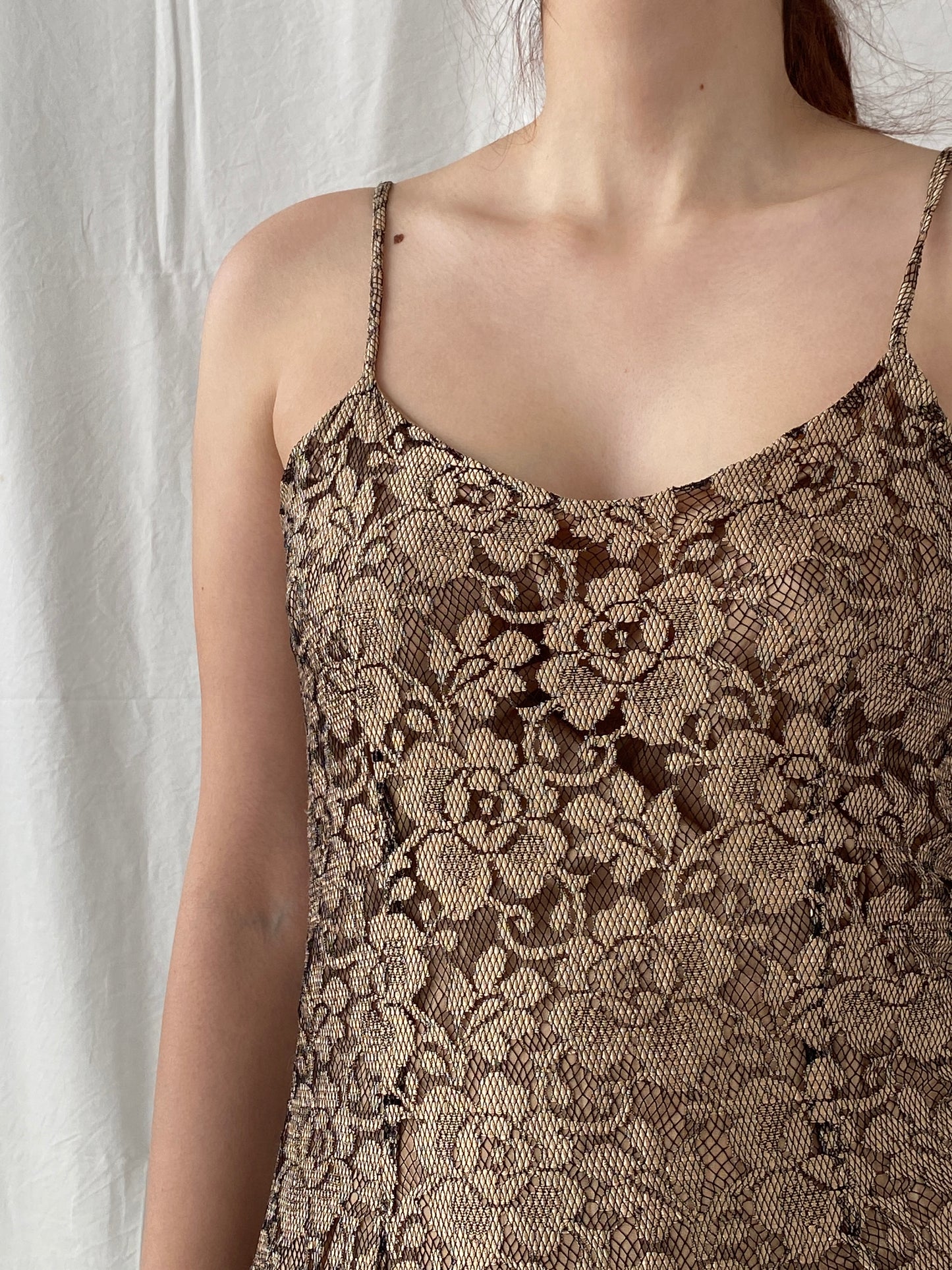 Vintage 90s Wallis Black Gold Lace Maxi Slip Dress with Back Slit - M