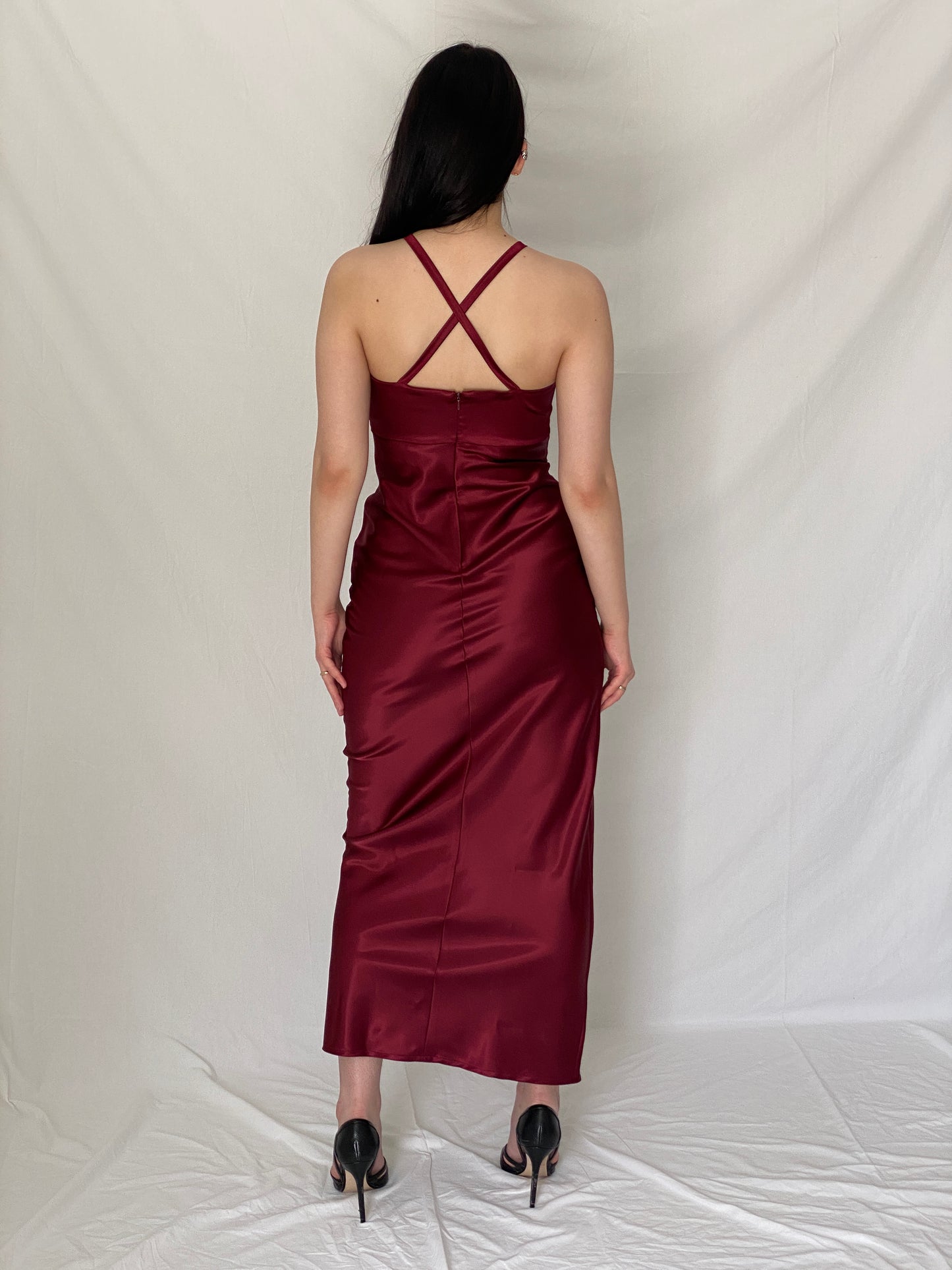 Hennes Collection Burgundy Satin Keyhole Halter Midaxi Dress - S