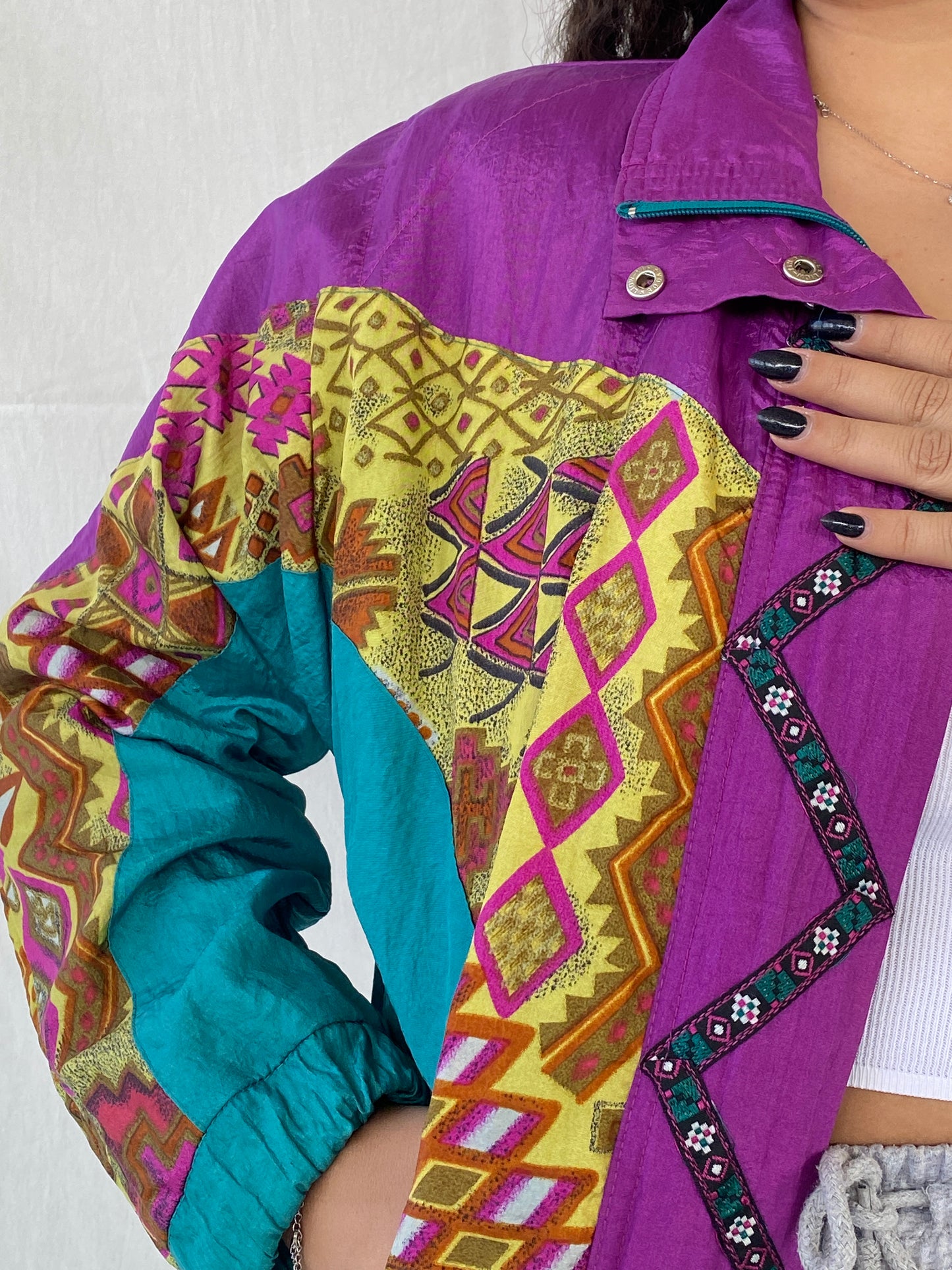 Vintage 80s/90s Lanvon by Cheerful Corp Green Tribal Print Windbreaker Track Jacket - S