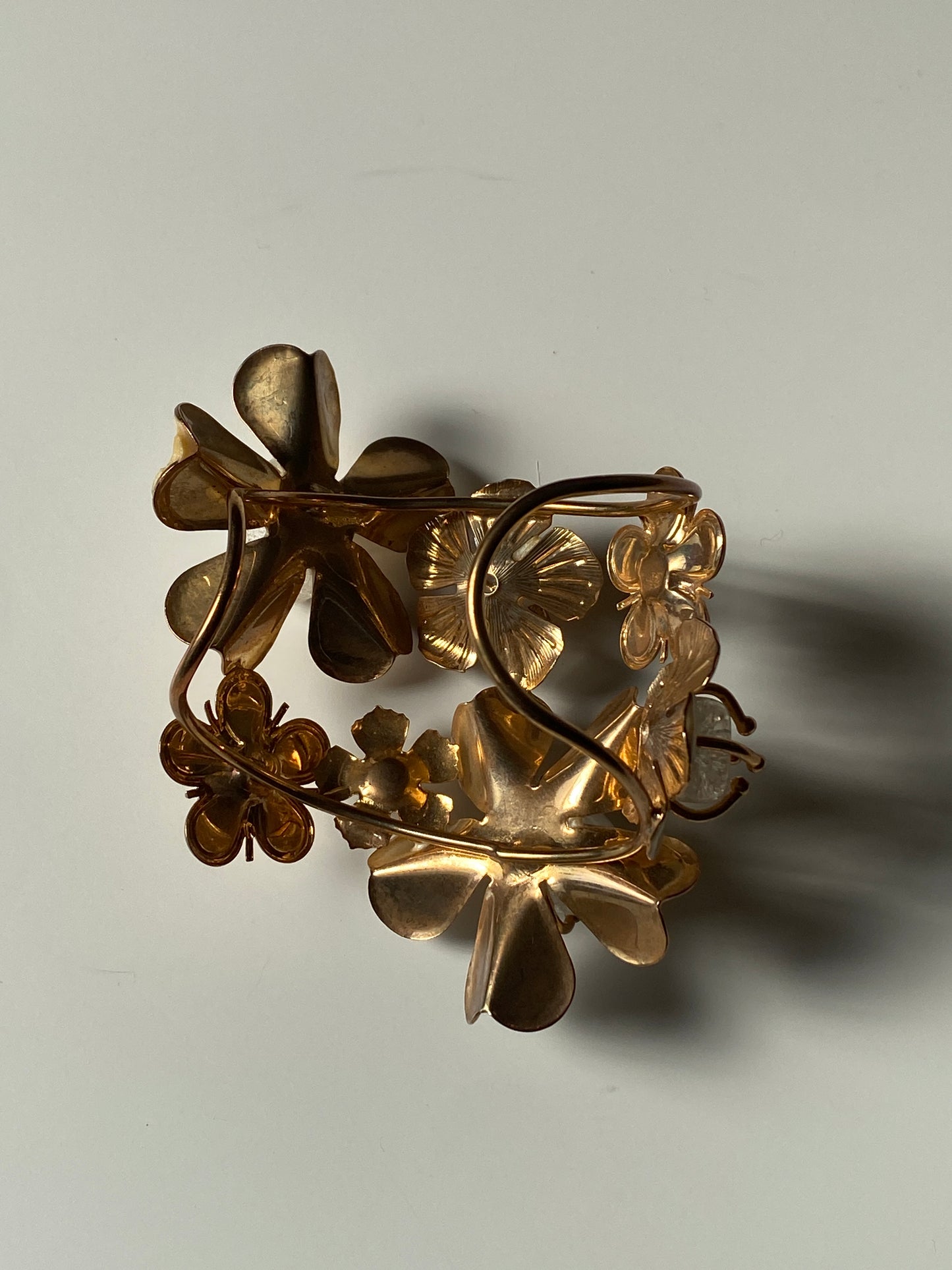 Vintage Floral Statement Bracelet with Enamel Petals & Crackle Glass Stones