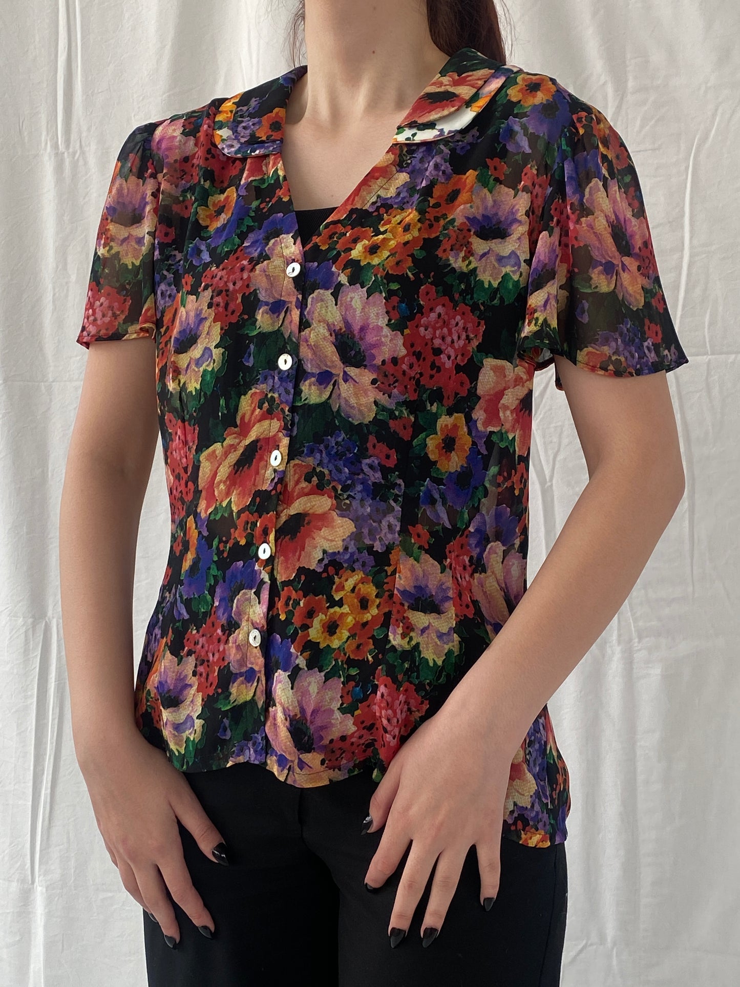 Vintage 90s Anne Lewis Sheer Floral Women’s Short Puff Sleeve Shirt - M