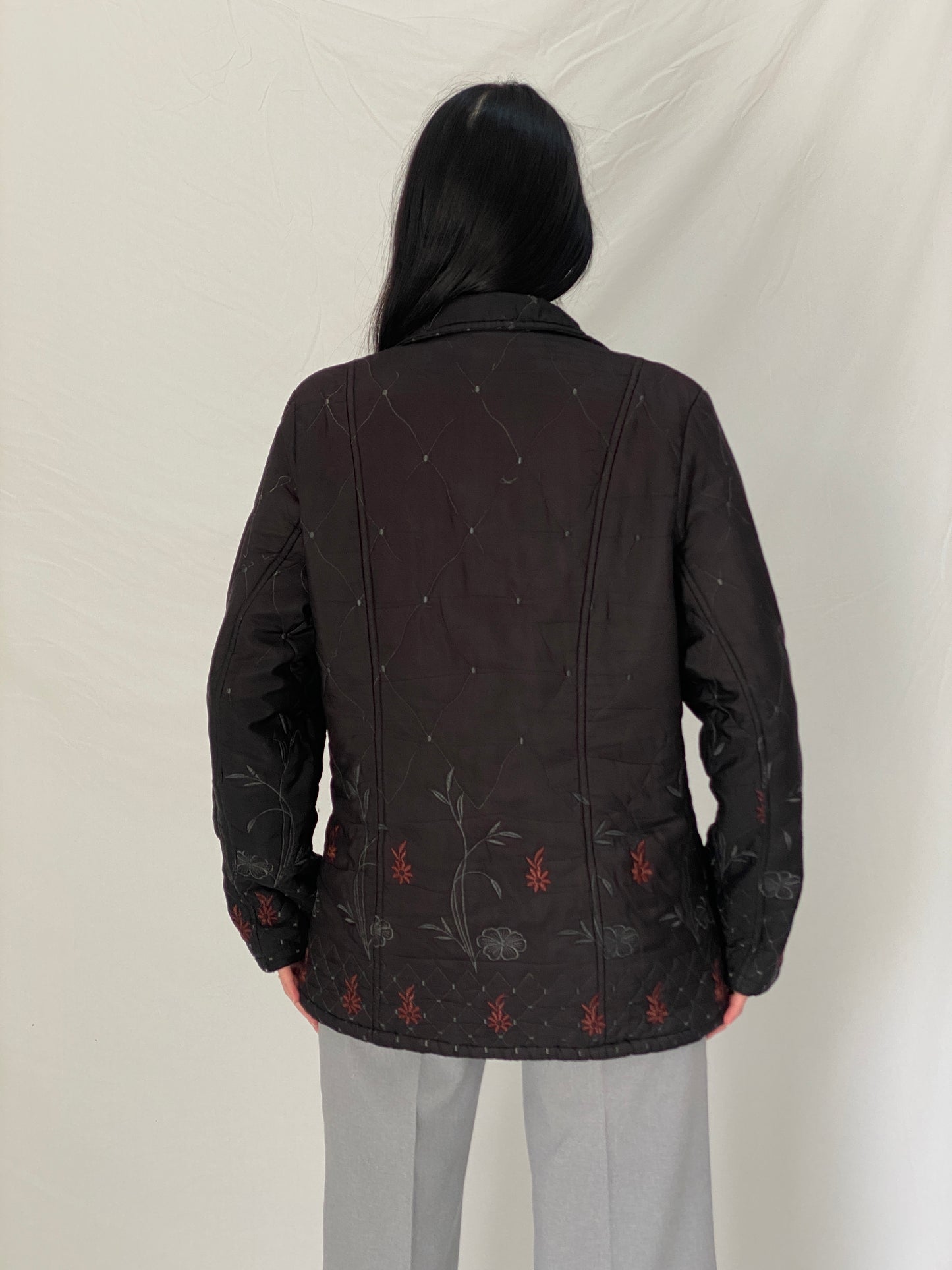 Vintage 90s Motuoren Black Quilted Embroidered Floral Lightweight Padded Jacket Coat - M