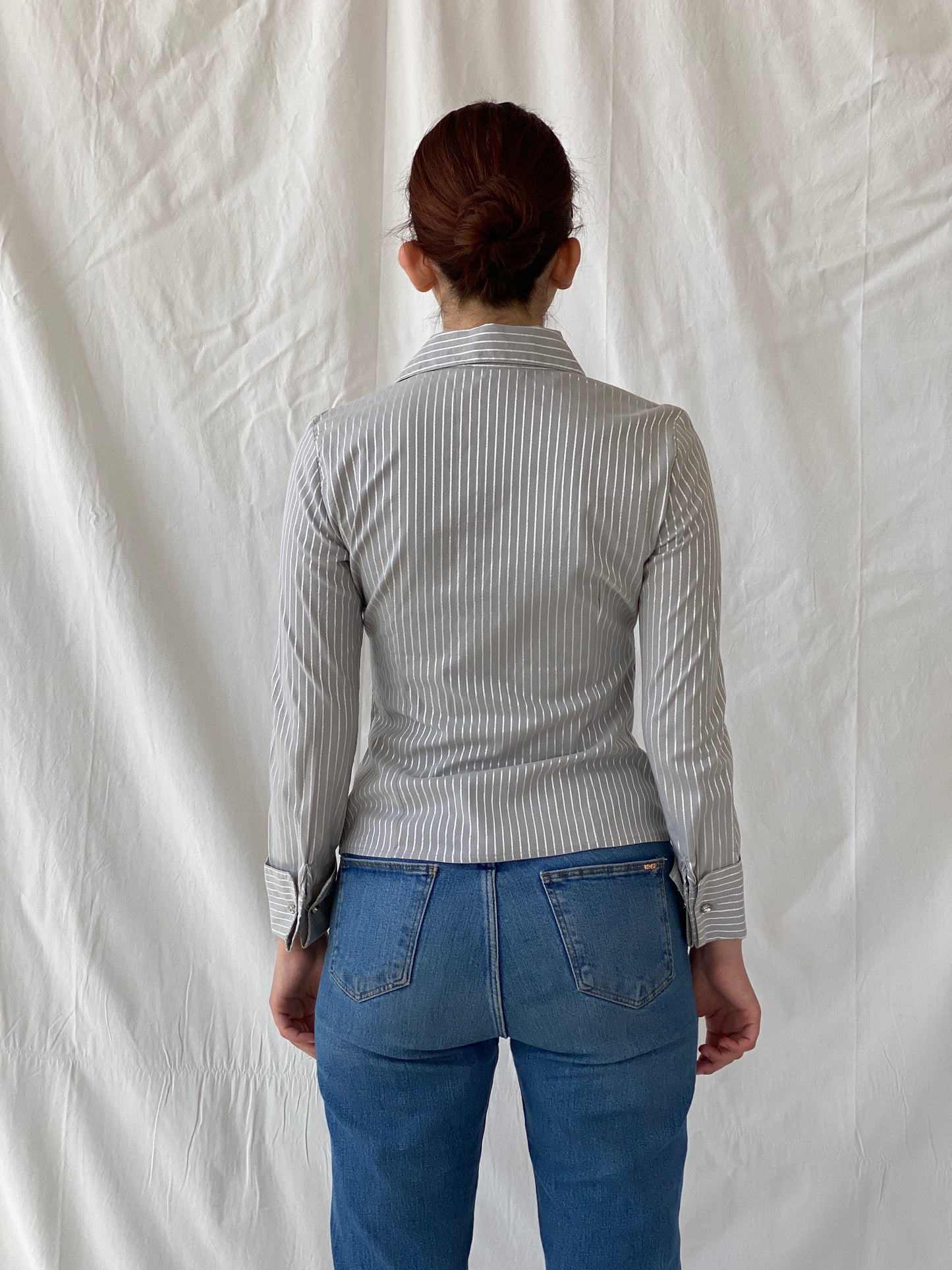 Y2K Vero Moda Gray Full Sleeve Striped Office Core Shirt - S