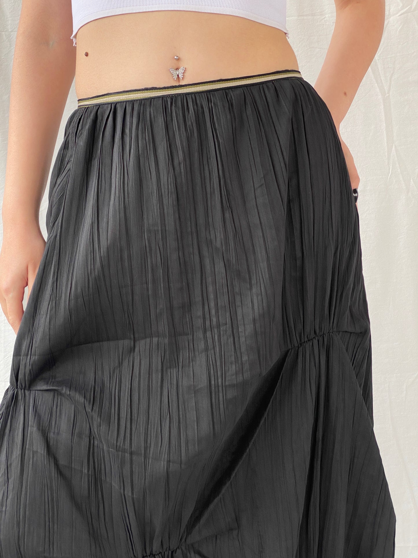 Vintage 90s French Archival Femmes Je Vous Aime Black Ruched Bubble Maxi Skirt - L
