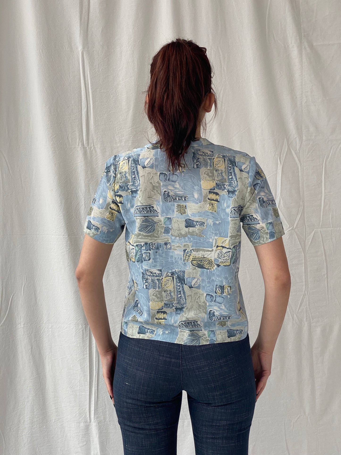Vintage Handmade Blue Half Sleeve Button Up Women’s Shirt - M