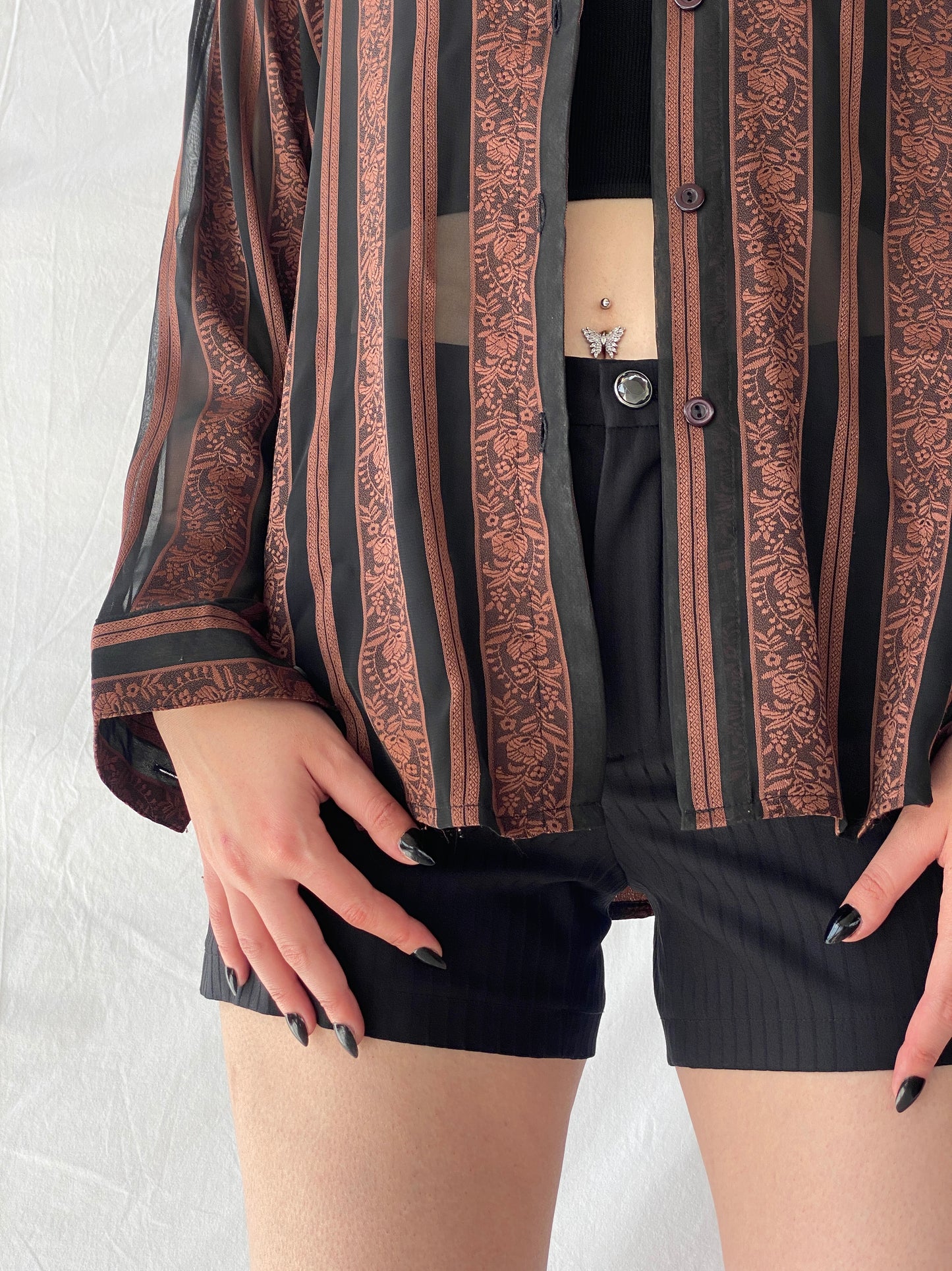 Vintage Noble Pretty Brown Floral Striped Sheer Long Sleeve Women’s Button Shirt - M