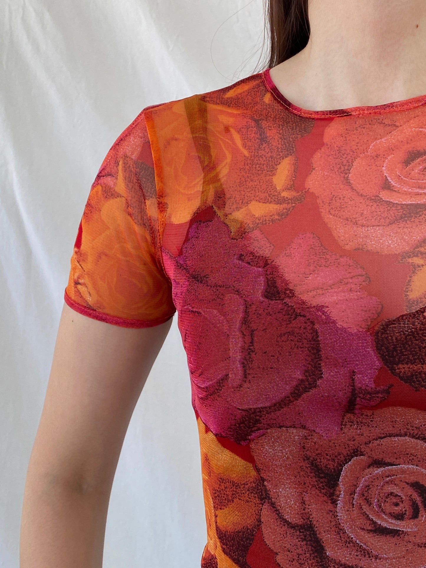 Vintage 90s Teddy Smith Orange Pink Floral Short Sleeve Mesh Top - M