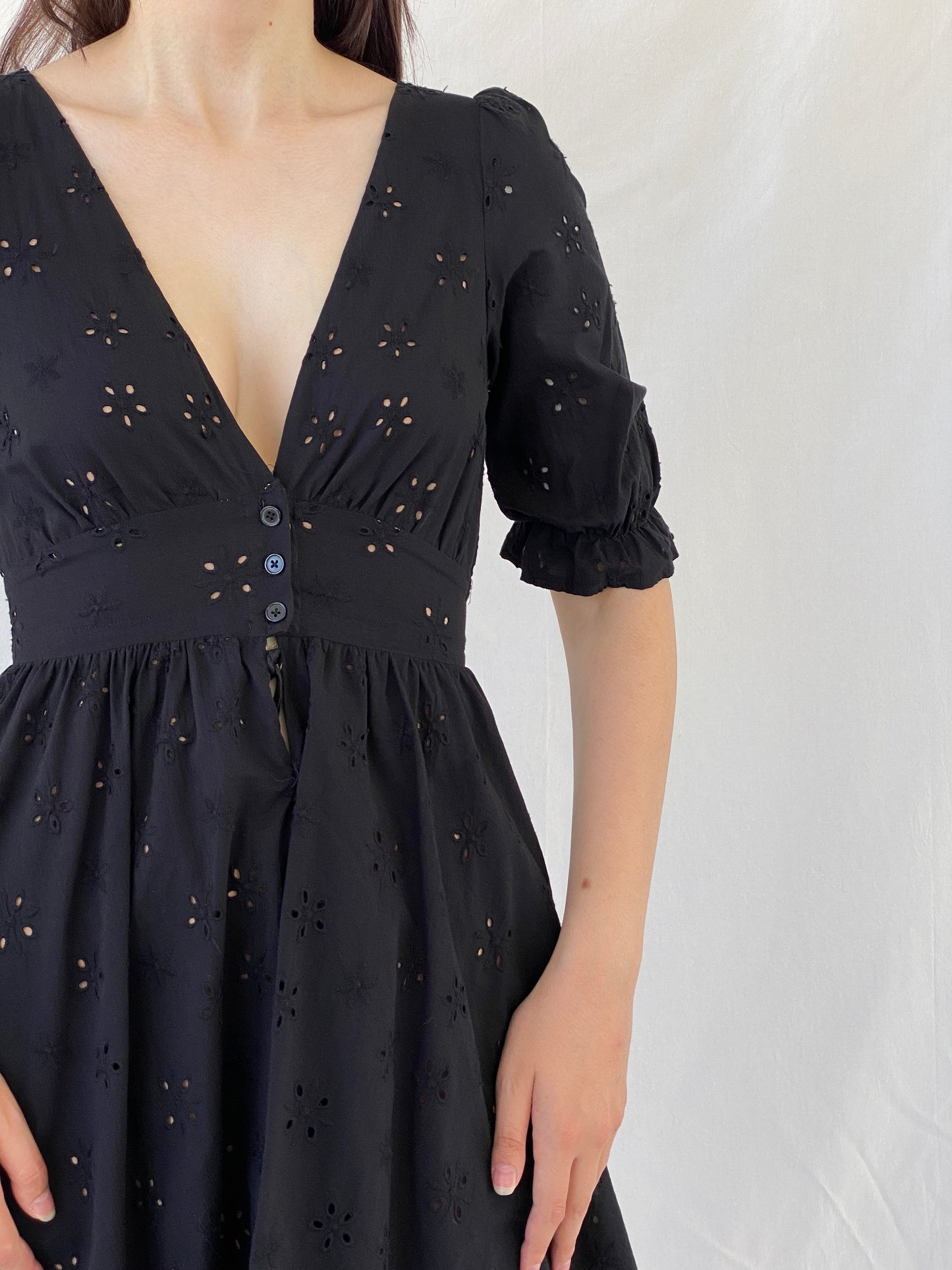 Gorgeous For Love & Lemons Black Eyelet Puff Sleeve Tie Waist Mini Summer Vacation Dress - S