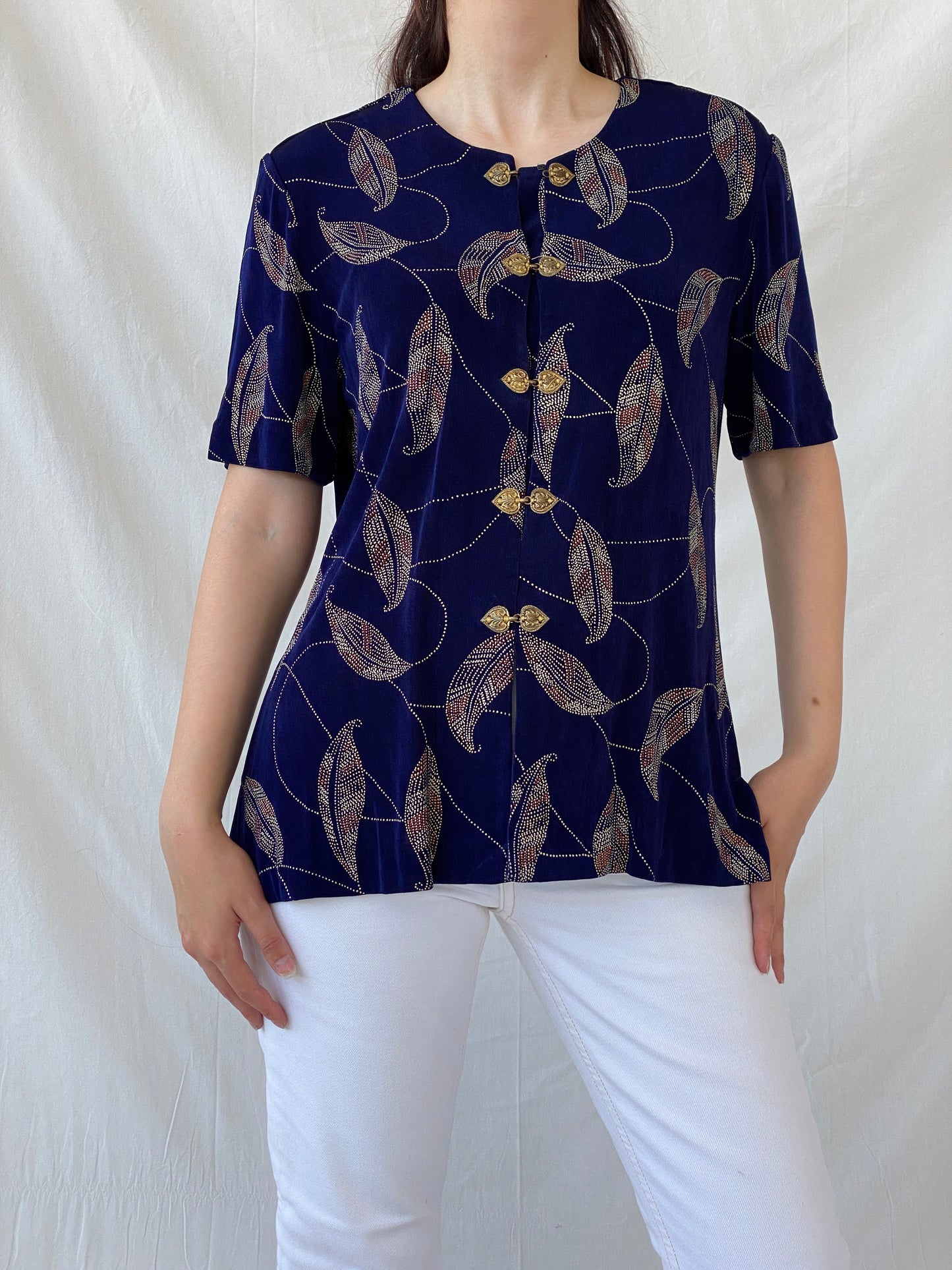 Vintage Navy Blue Gold Leaf Print Cardigan Blouse with Ornate Bronze Clasp Closures - L