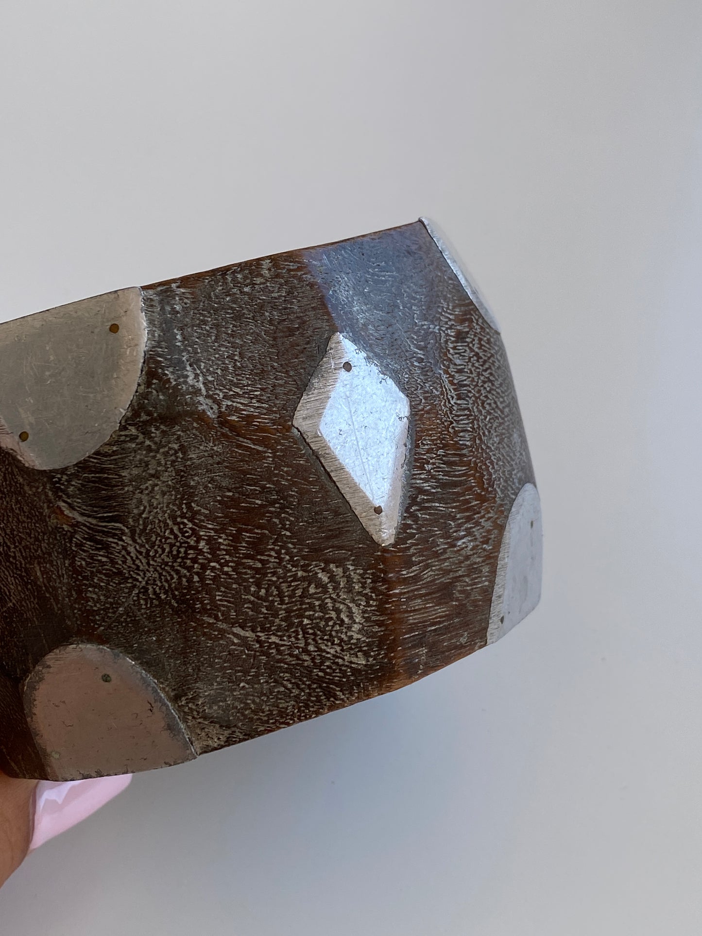 Vintage 1980s–90s Brown Wood & Silver-Tone Geometric Statement Bangle